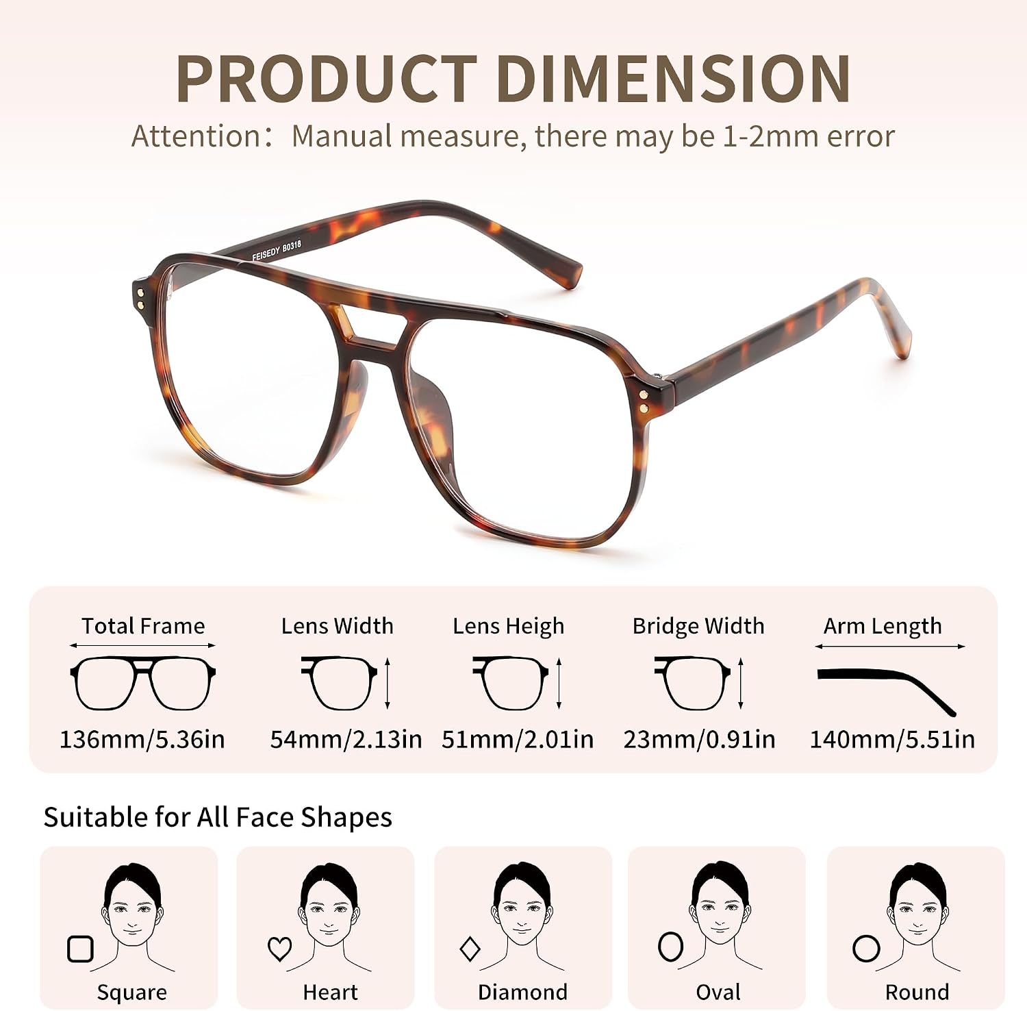 商品图片 23 | B0FWXP3HKW | FEISEDY Fashion Aviator Blue Light Reading Glasses for Woman Men B0318 | Square Pilot Computer Glasses, Anti Eyestrain Glare Readers
