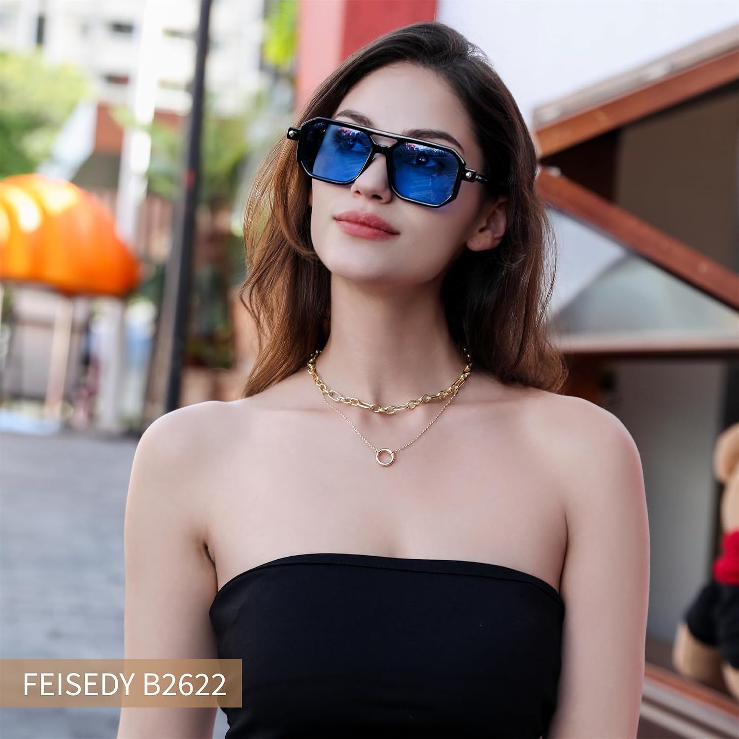 商品图片 122 | B09YTJ4FQZ | FEISEDY Vintage Square 70s Flat Aviator Sunglasses Women Men Classic Retro Stylish Frame UV400 Sunglasses B2622