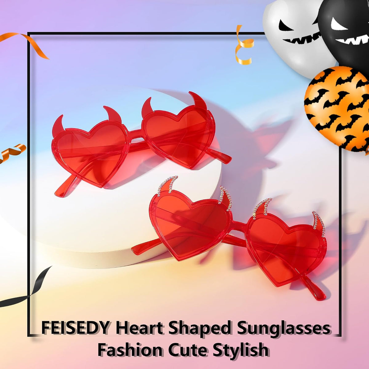 ÉÌƷͼƬ 7 | B0CGZTNXKY | FEISEDY Sunglasses Women Men, Halloween Party Disco Trendy Love Sun Glasses, Rimless Heart Devil Ear Frame B0054