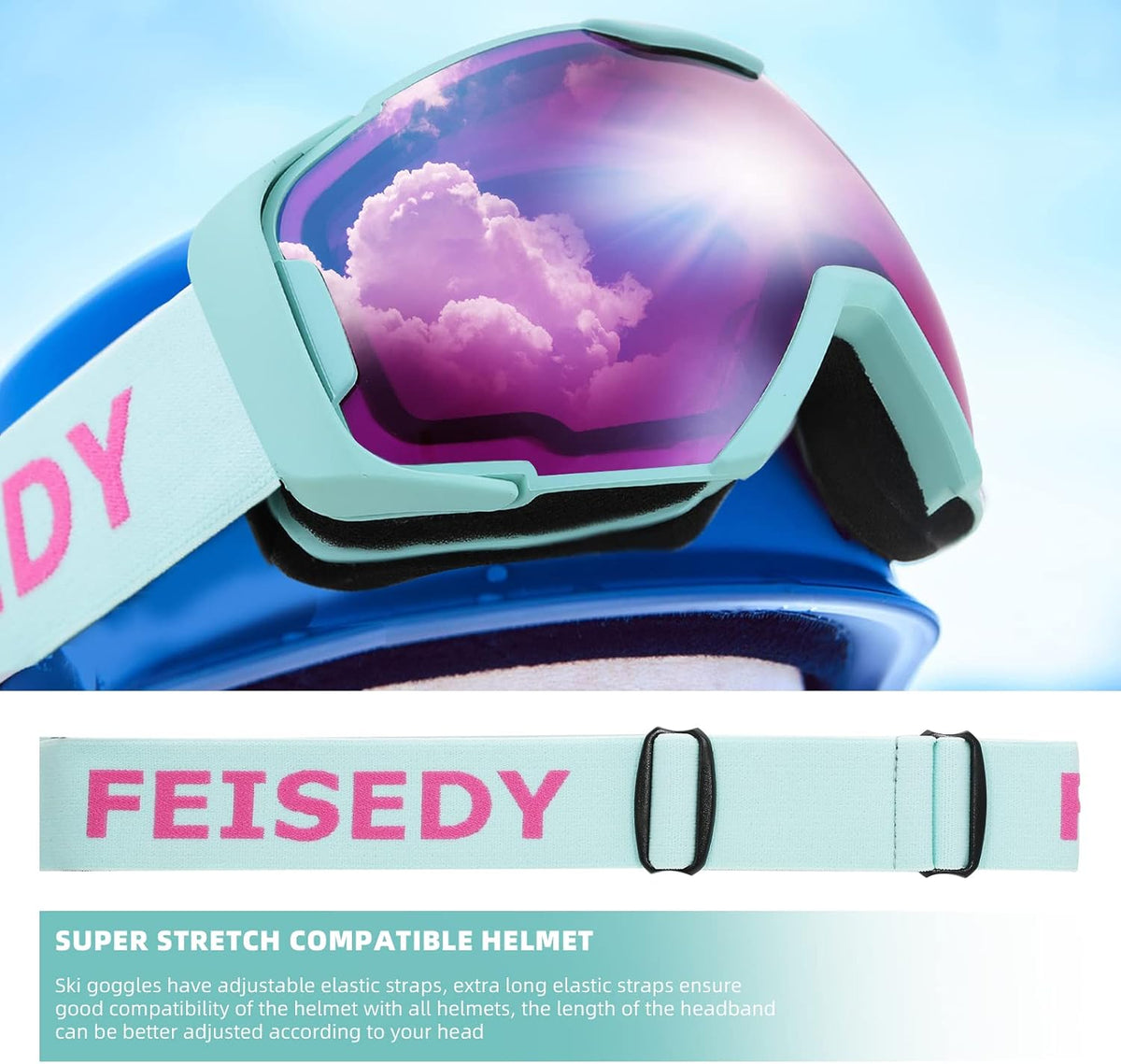 商品图片 49 | B0GHRB6WCQ | FEISEDY Ski Goggles, OTG Snow Sport Goggles for Adult Youth, Anti-Fog UV400 Protection Bendable Dual-Lenses B2961