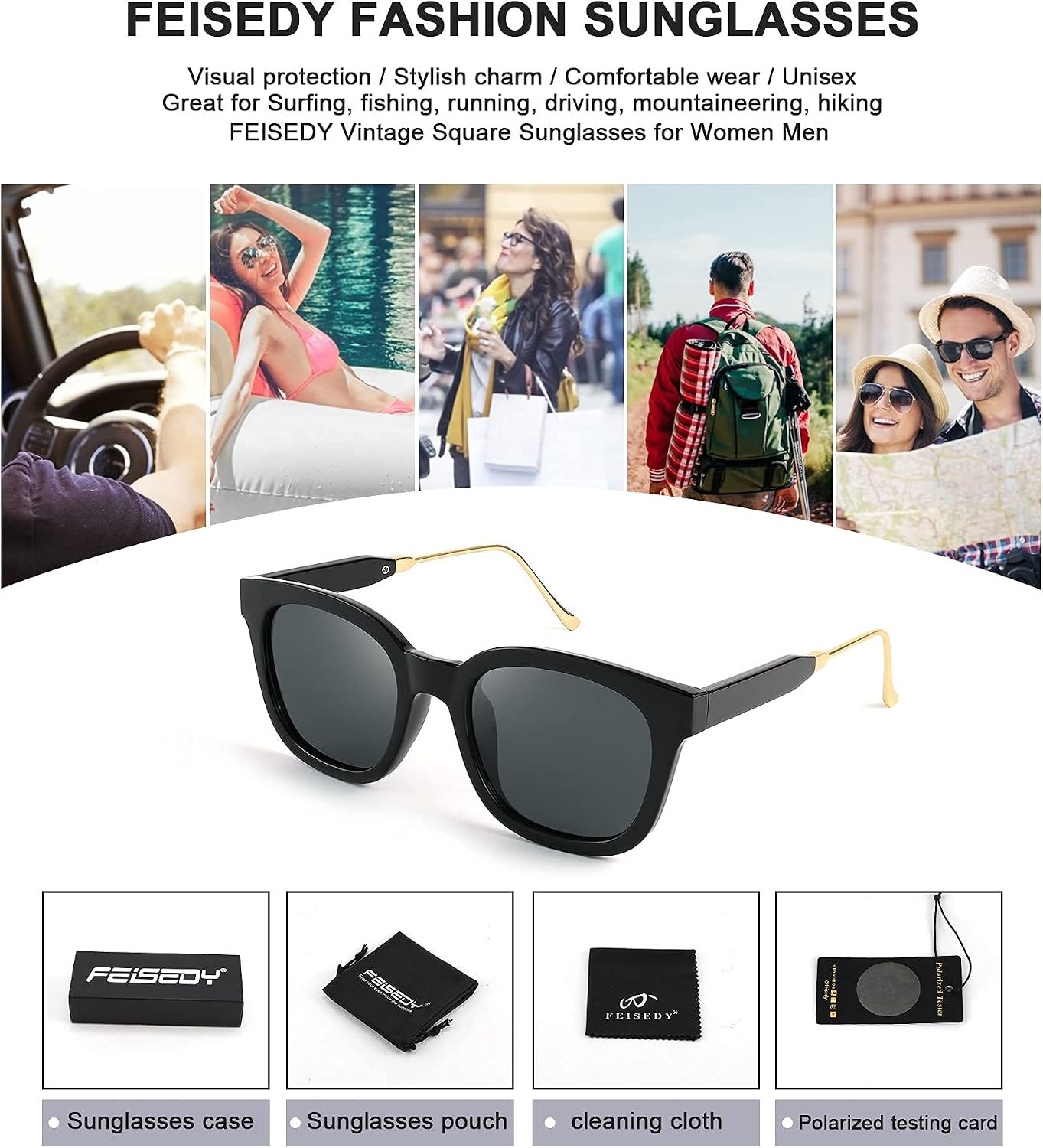 商品图片 21 | B08KXMJ9LV | FEISEDY Square Polarized Sunglasses Women Men Retro Trendy Shades UV400 Lenses B2624