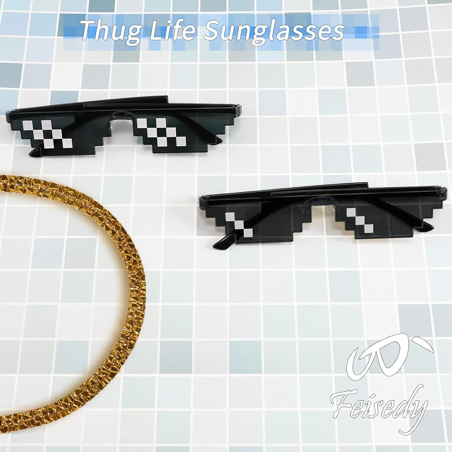 商品图片 5 | B09SCSCKL3 | FEISEDY 2PACK Thug Life Sunglasses Funny Pixelated Mosaic Gamer Glasses Party Disco Cool B2876-F2