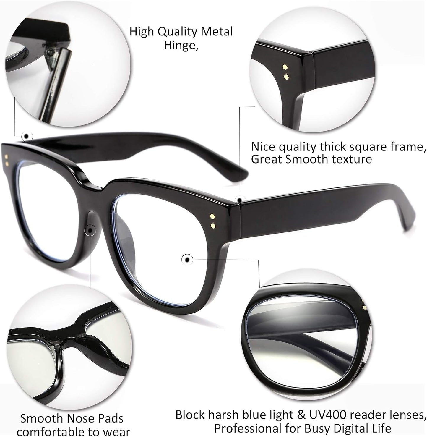 商品图片 3 | B0DBQFZT73 | FEISEDY Retro Square Thick Big Frame Blue Light Blocking Reading Glasses Anti Glare Digital Eyestrain Reader B2523
