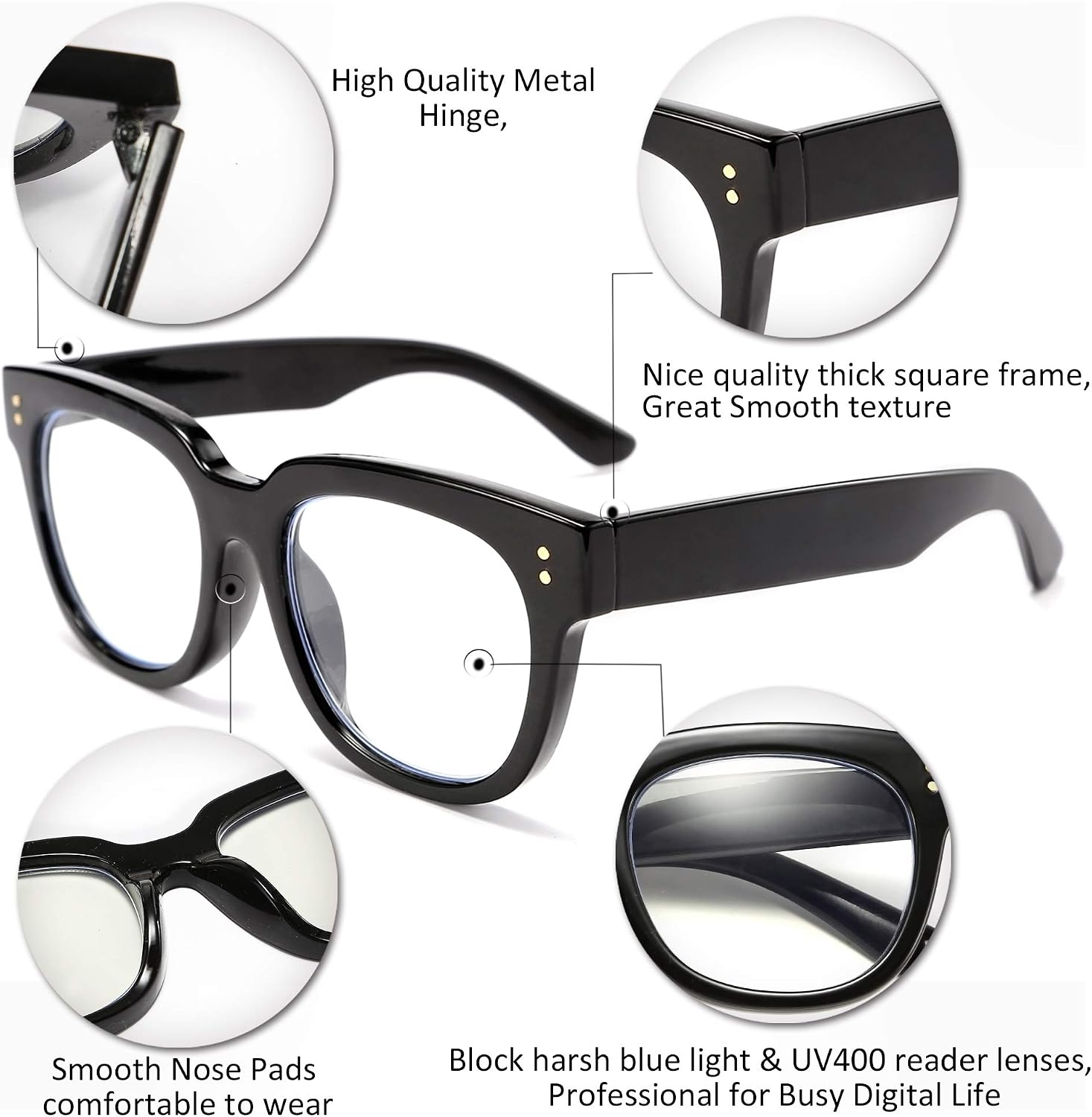 商品图片 3 | B0DBQFZT73 | FEISEDY Retro Square Thick Big Frame Blue Light Blocking Reading Glasses Anti Glare Digital Eyestrain Reader B2523