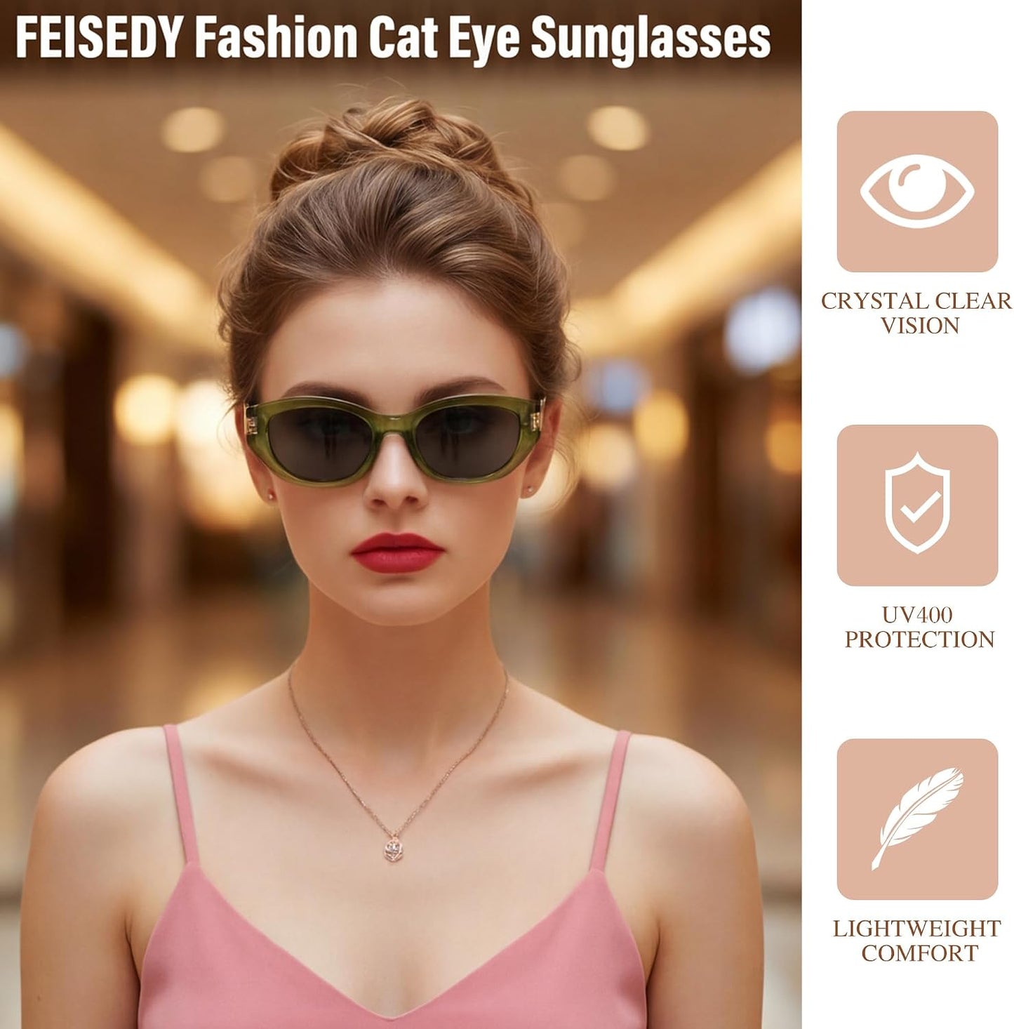 商品图片 2 | B0GV7G6XL2 | FEISEDY Retro Cat Eye Sunglasses for Women Trendy Shades Chunky Frame B0418