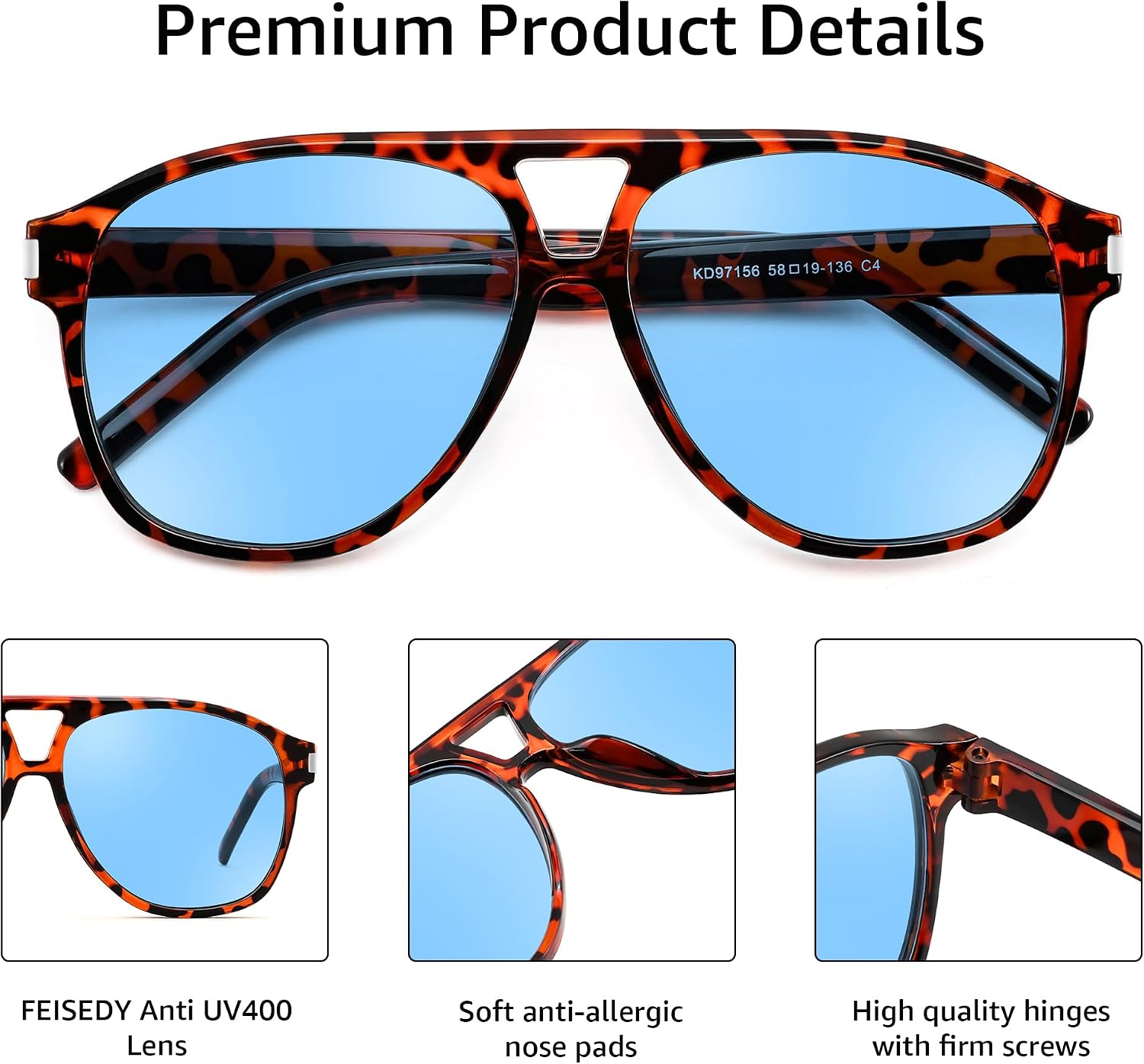 商品图片 17 | B0GXMV1N2N | FEISEDY Retro Aviator Sunglasses for Women Men Square Sunnies 70s Pilot Style Lightweight UV400 Shades B0421