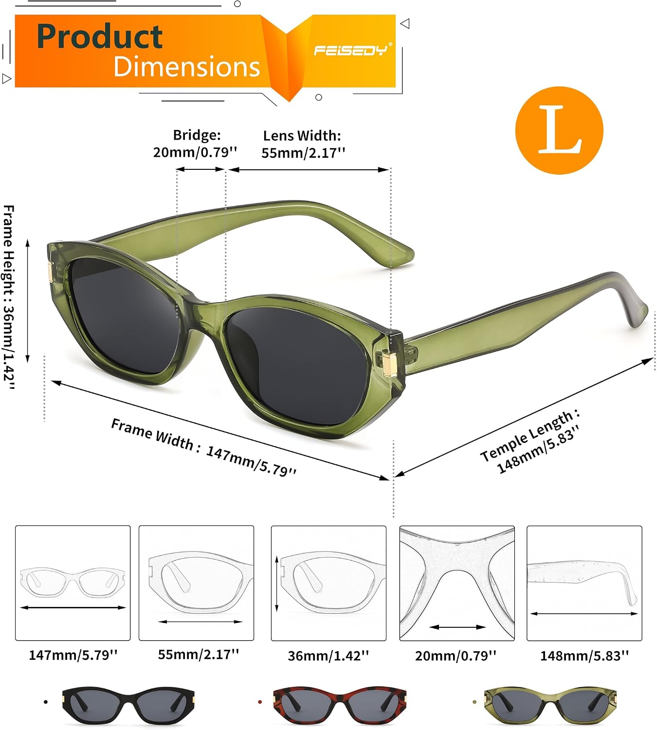 商品图片 6 | B0GV7G6XL2 | FEISEDY Retro Cat Eye Sunglasses for Women Trendy Shades Chunky Frame B0418