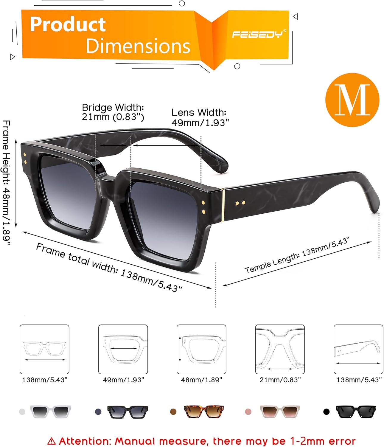 商品图片 5 | B0CHMMTXNK | FEISEDY Retro Rectangle Sunglasses Trendy Chunky Square Sun Glasses for Women Men UV400 Protection B0073
