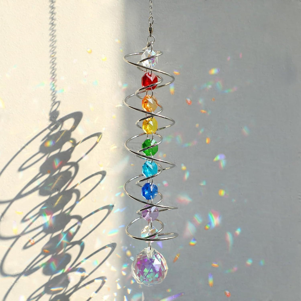Colorful | B0GZVNHB9S | Chakra Beads Sun Catcher Wind Spinner, Rainbow Crystal Spiral Tail Rainbow Maker, Window Hanging Decor for Home Garden