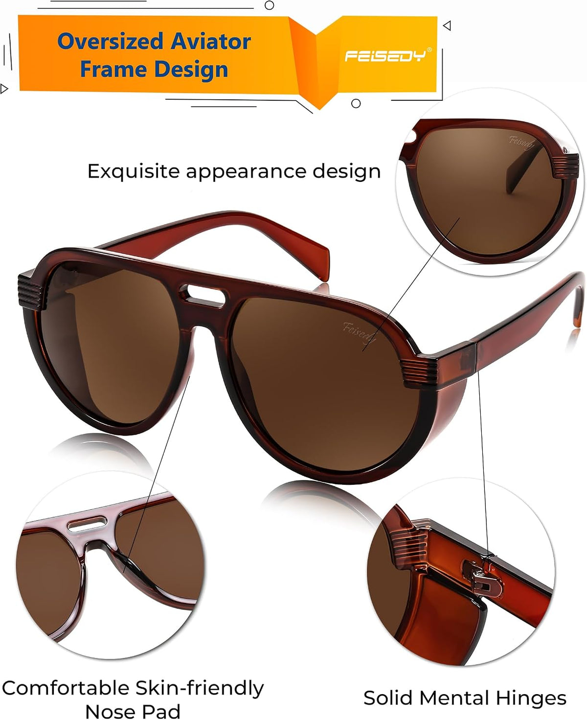 ÉÌƷͼƬ 31 | B0CT8R8S1H | FEISEDY Steampunk with Side Shields Aviator Sunglasses for Men Women 80s Retro Flat Top Oversized Polarized Shades B0096