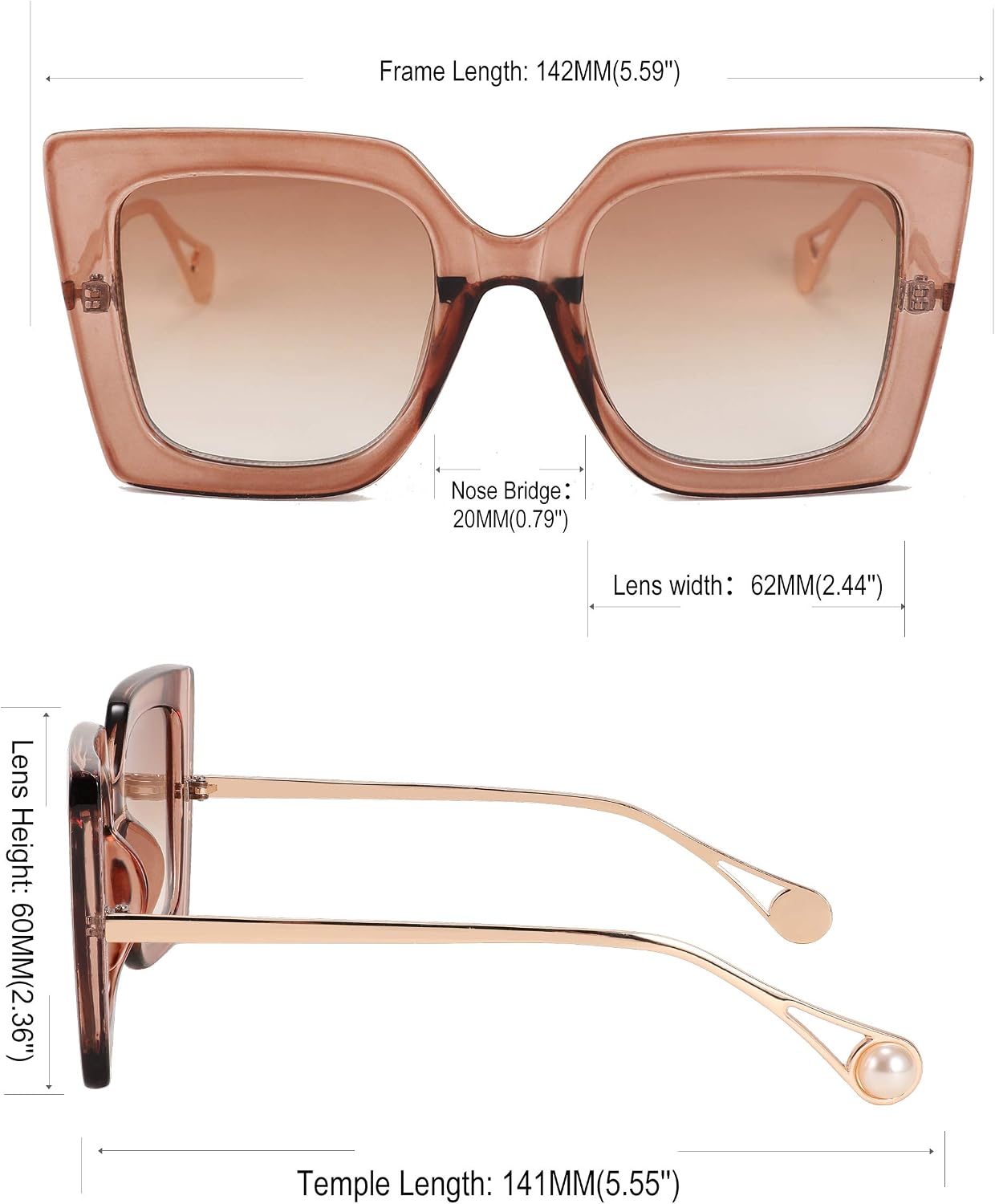 商品图片 3 | B08HVPGJW5 | FEISEDY Sunglasses Womens Trendy, Oversized Square Shades, Pearl Inlay Cat Eye Frame UV400 Protection B2625