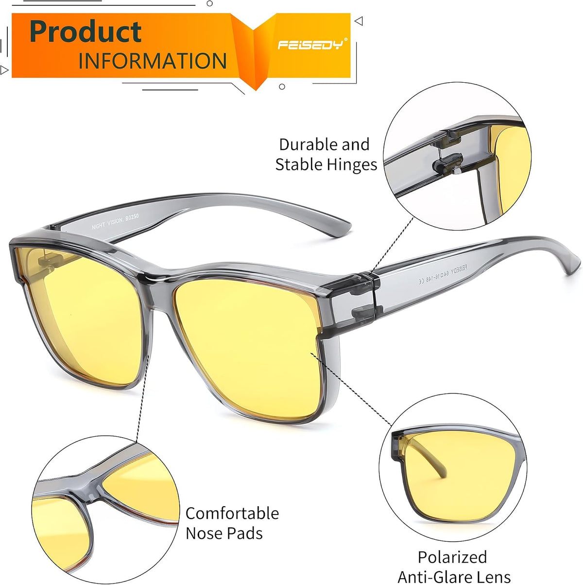 ÉÌƷͼƬ 24 | B0DJS7NVNT | FEISEDY Night Vision Driving Glasses Anti Glare Fit Over Glasses for Men Women Polarized Nighttime B0250