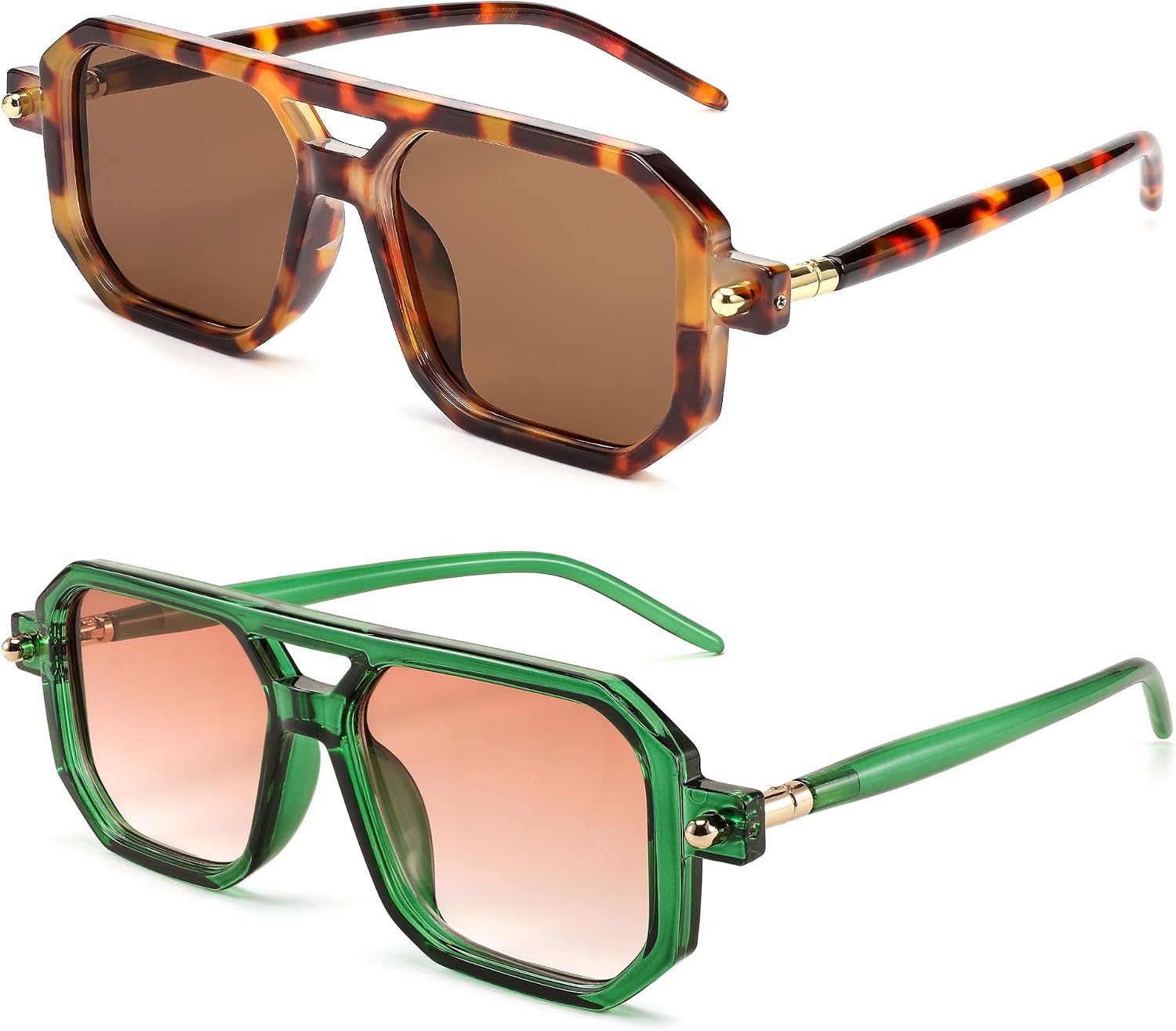 2 Pack Leopard/Tea + Transparent Green/Gradient Orange / 52 Millimeters | B0F4CQYZSJ | FEISEDY Vintage Square 70s Flat Aviator Sunglasses Women Men Classic Retro Stylish Frame UV400 Sunglasses B2622