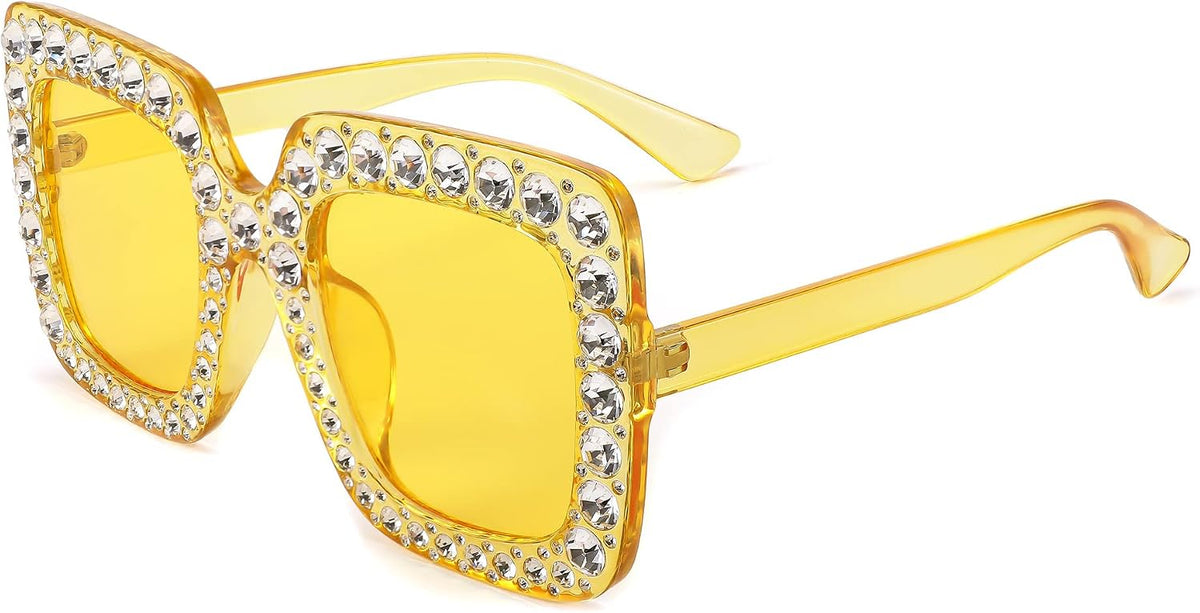 Transparent Yellow / 51 Millimeters | B0BLCCP9NB | FEISEDY Women Sparkling Crystal Sunglasses Oversized Square Thick Frame B2283