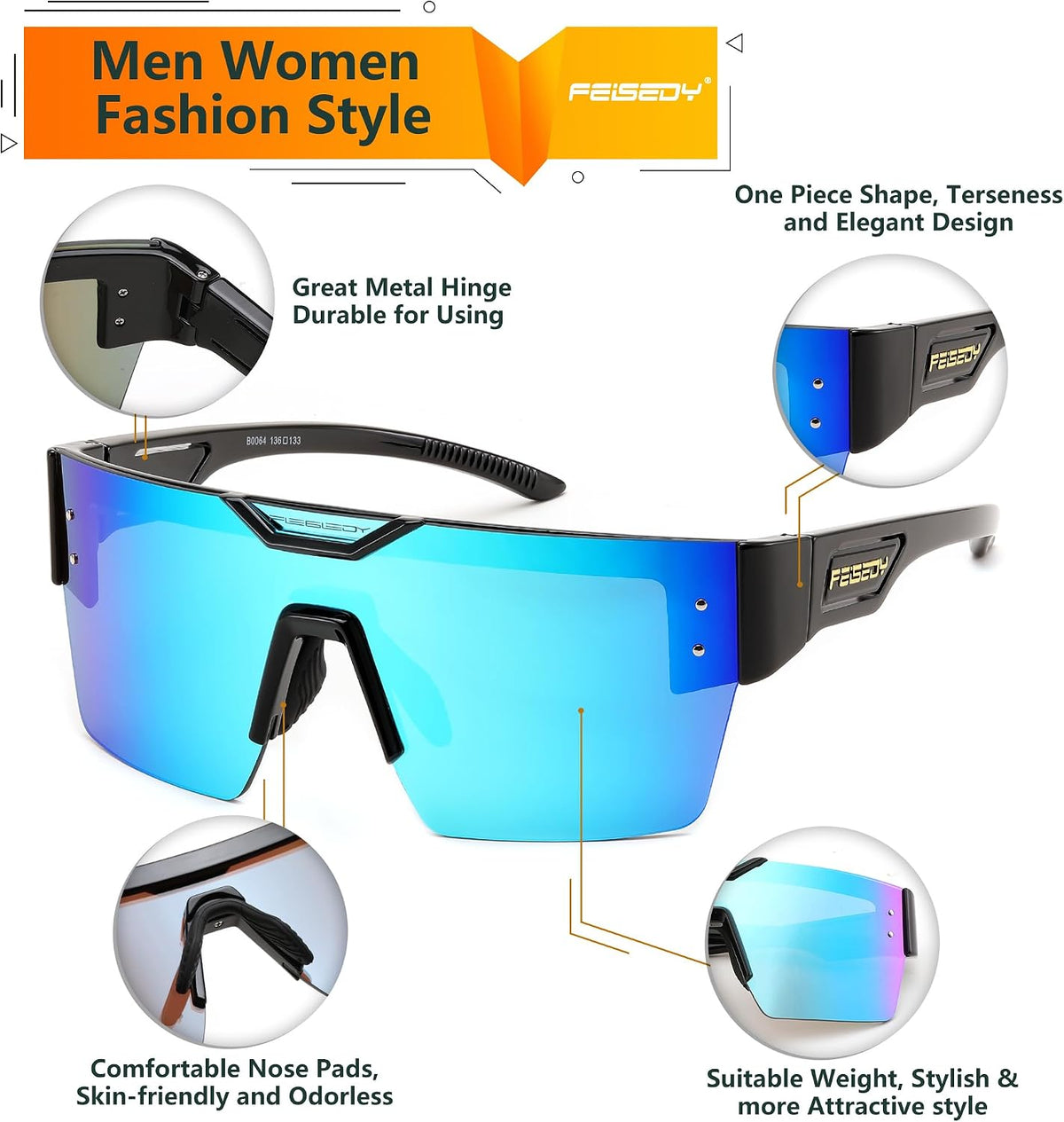ÉÌƷͼƬ 11 | B0D4Y6RY37 | FEISEDY Sunglasses Men Women, Big Oversized Square Frame,UV400 Mirrored Sun Glasses, Cycling Driving Fishing Hiking B0064