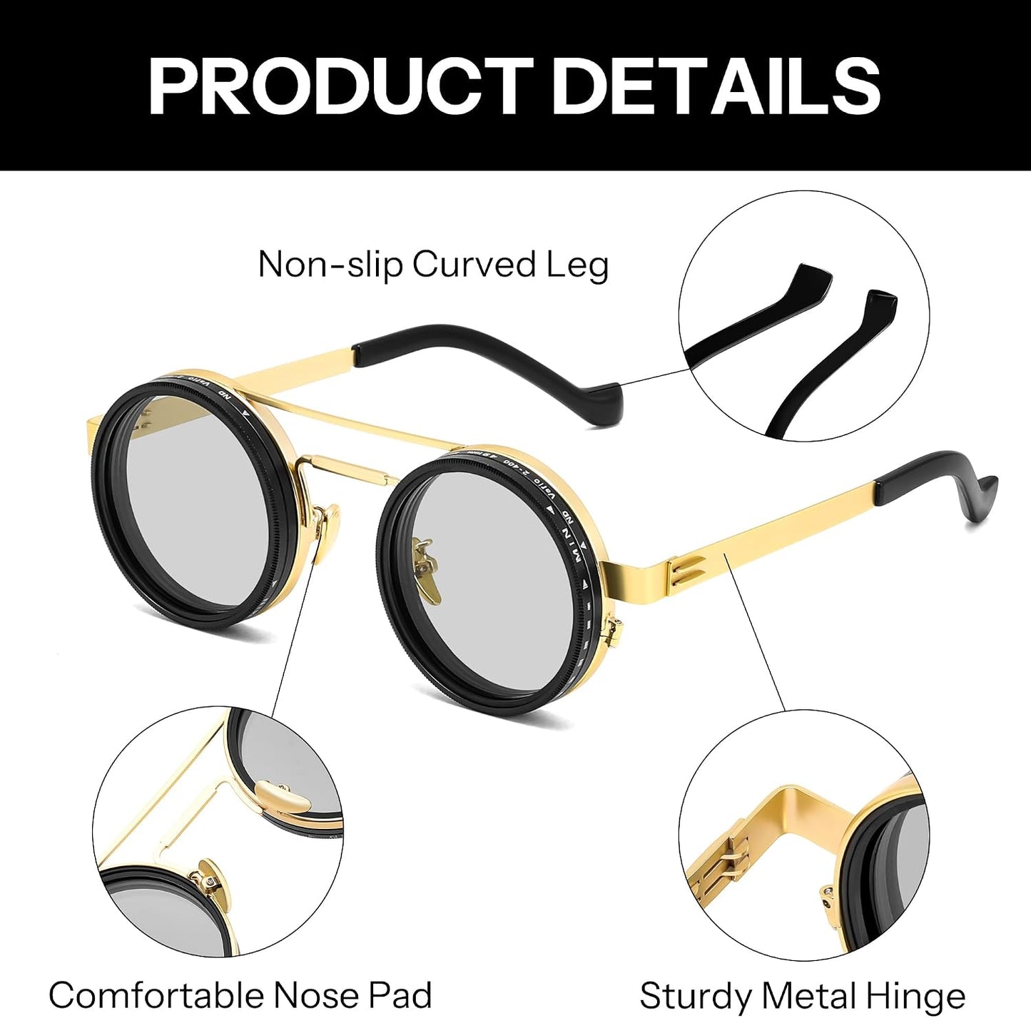 商品图片 31 | B0FK1DDVSV | FEISEDY Adjustable Sunglasses Polarized Men, Round Metal ND Filter B1400