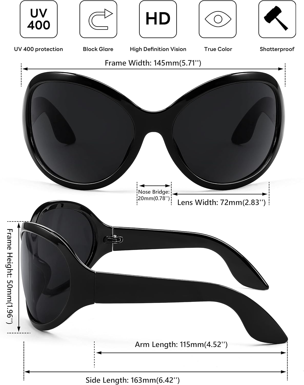 ÉÌƷͼƬ 14 | B0BYX6JXMW | FEISEDY Bug Eye Y2K Oversized Sunglasses Women Men Oval Frame B2391