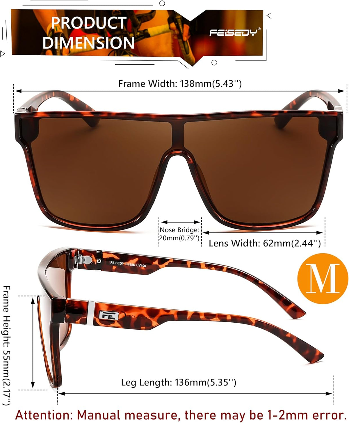 ÉÌƷͼƬ 29 | B0B2836HD6 | FEISEDY Sunglasses for Women Men, Fashion Mirrored Single Lens Shades