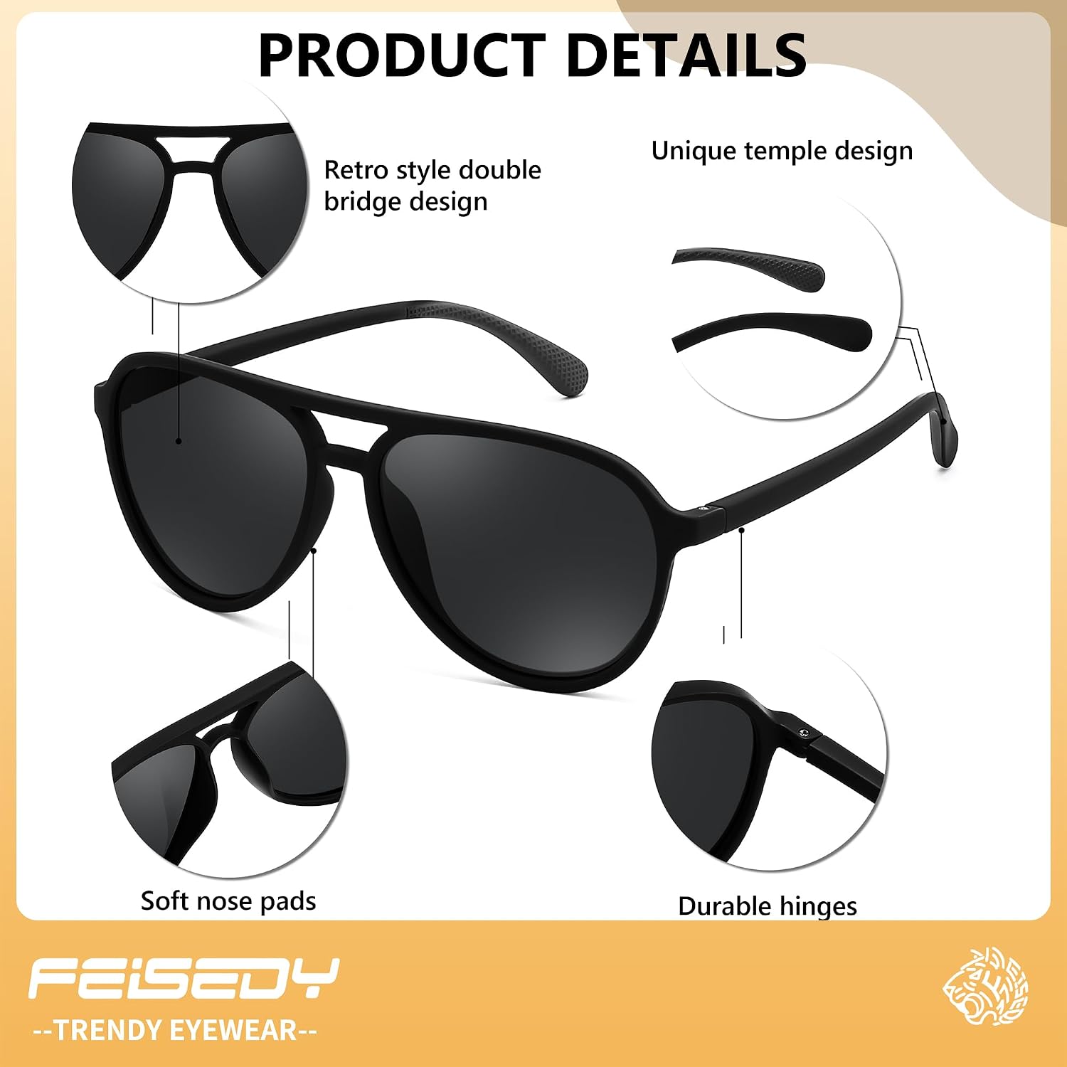 商品图片 3 | B0FY6J455M | FEISEDY Polarized Aviator Sunglasses for Men Women Trendy Sports B0324 | 100% UV400 protection, HD TAC lenses, Lightweight & durable, Driving, Hiking, Fishing, 50% recycled materials