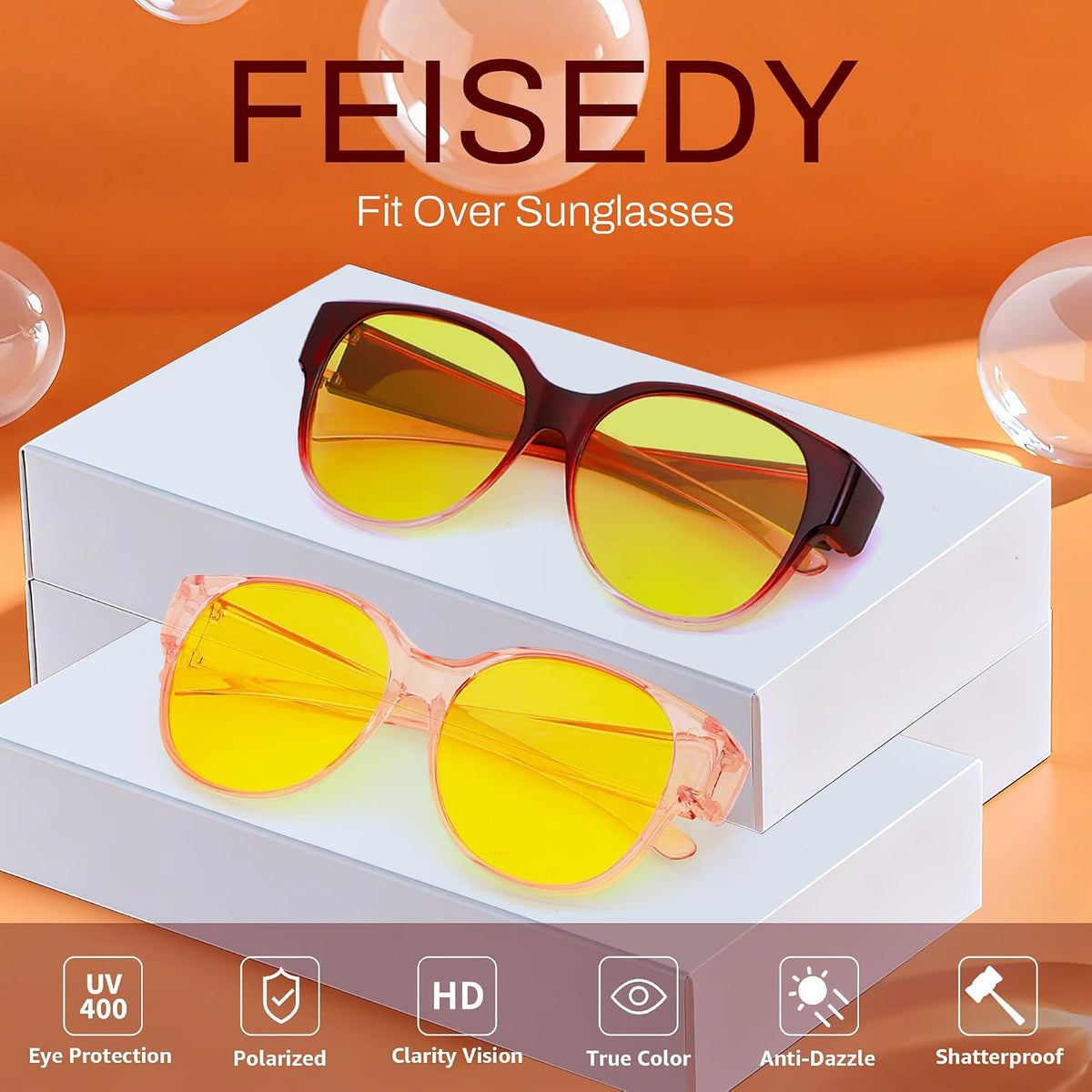 ÉÌƷͼƬ 36 | B0FX4NQCGM | FEISEDY 2Pack Night Driving Glasses Over Glasses with Yellow Lenses Fit Over Polarized Nighttime Sunglasses B0331