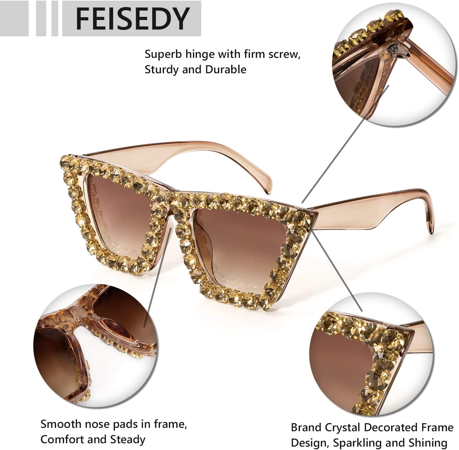商品图片 28 | B09V7X56D4 | FEISEDY Women Crystal Square Cat Eye Sunglasses Sparkling Trendy Retro Cateye Sunglasses B2898