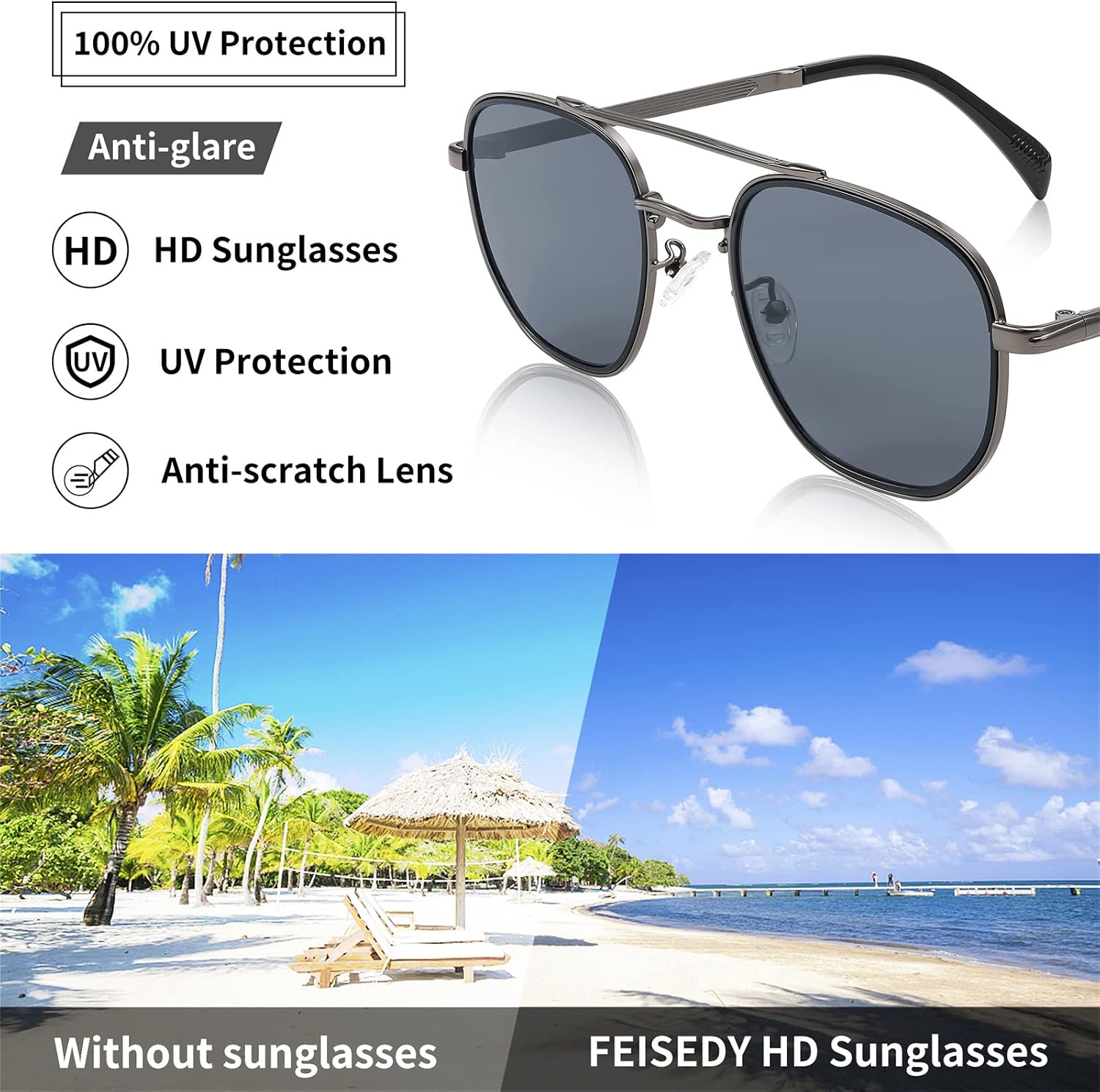 商品图片 26 | B0B38ZHMJL | FEISEDY Sunglasses Aviator Men Women 70s Sun Glasses Square Frame UV400 Protection B2953