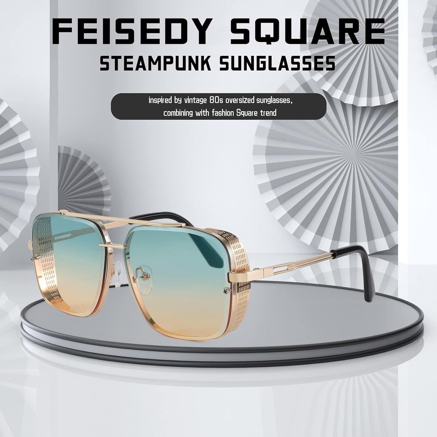 商品图片 49 | B09SDC5BD5 | FEISEDY Sunglasses Mens Women Vintage Pilot Square Trendy Metal Steampunk Fishing Driving Sun Glasses B2894