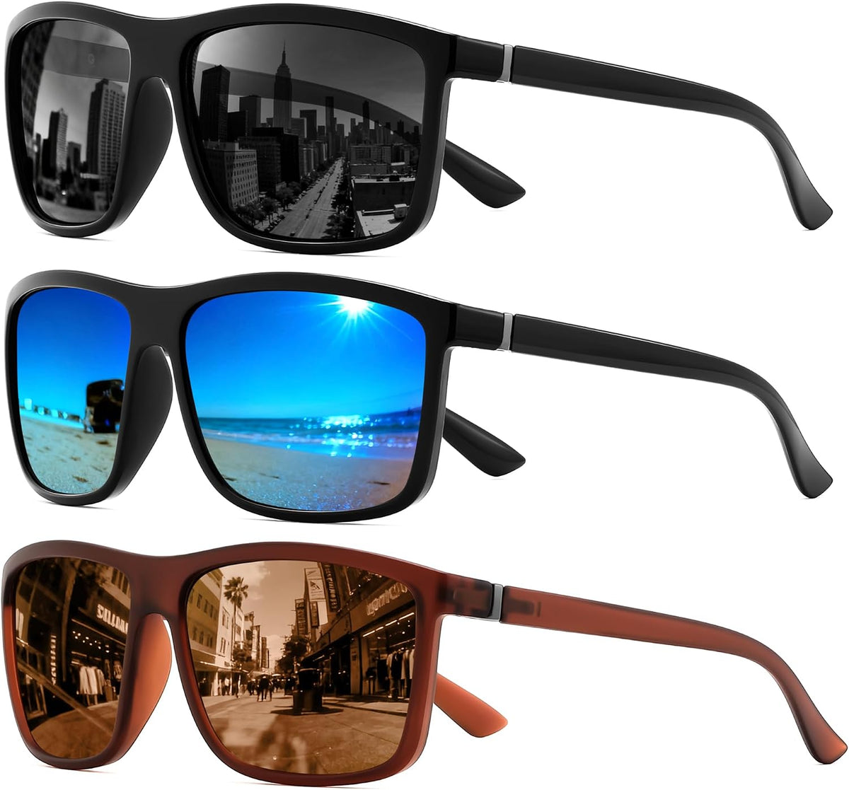 Black/Grey+black/Blue+matte Brown/Brown / 55 Millimeters | B0FPM4QDTY | FEISEDY Square Polarized Sunglasses For Men Women B0322