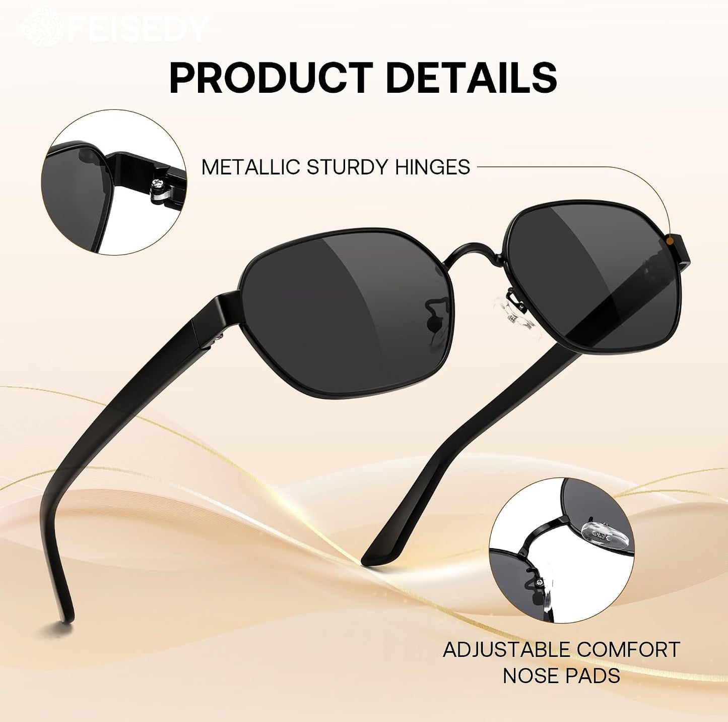 商品图片 27 | B0GY42ZV46 | FEISEDY Women and Men UV400 Protection Sunglasses, Polygon Square Metal Frame Retro Stylish Shades B0452