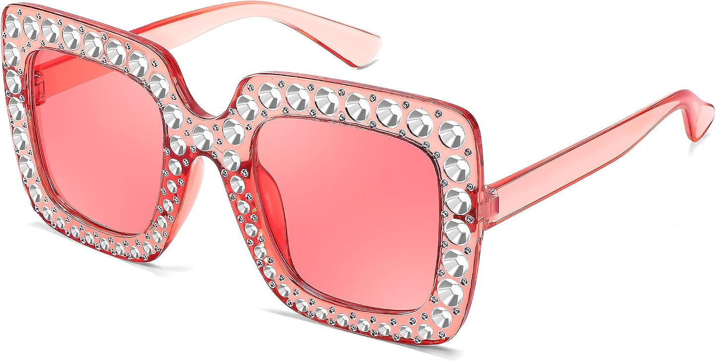 Pink Frame | Pink Lens / 40 Millimeters | B0CFHLSH2J | FEISEDY Kids Sunglasses for Girls Oversized Square Sparkling Party Sun Glasses Lightweight Fashion Shades B0053