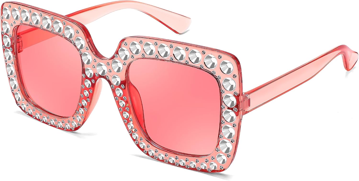 Pink Frame | Pink Lens / 40 Millimeters | B0CFHLSH2J | FEISEDY Kids Sunglasses for Girls Oversized Square Sparkling Party Sun Glasses Lightweight Fashion Shades B0053
