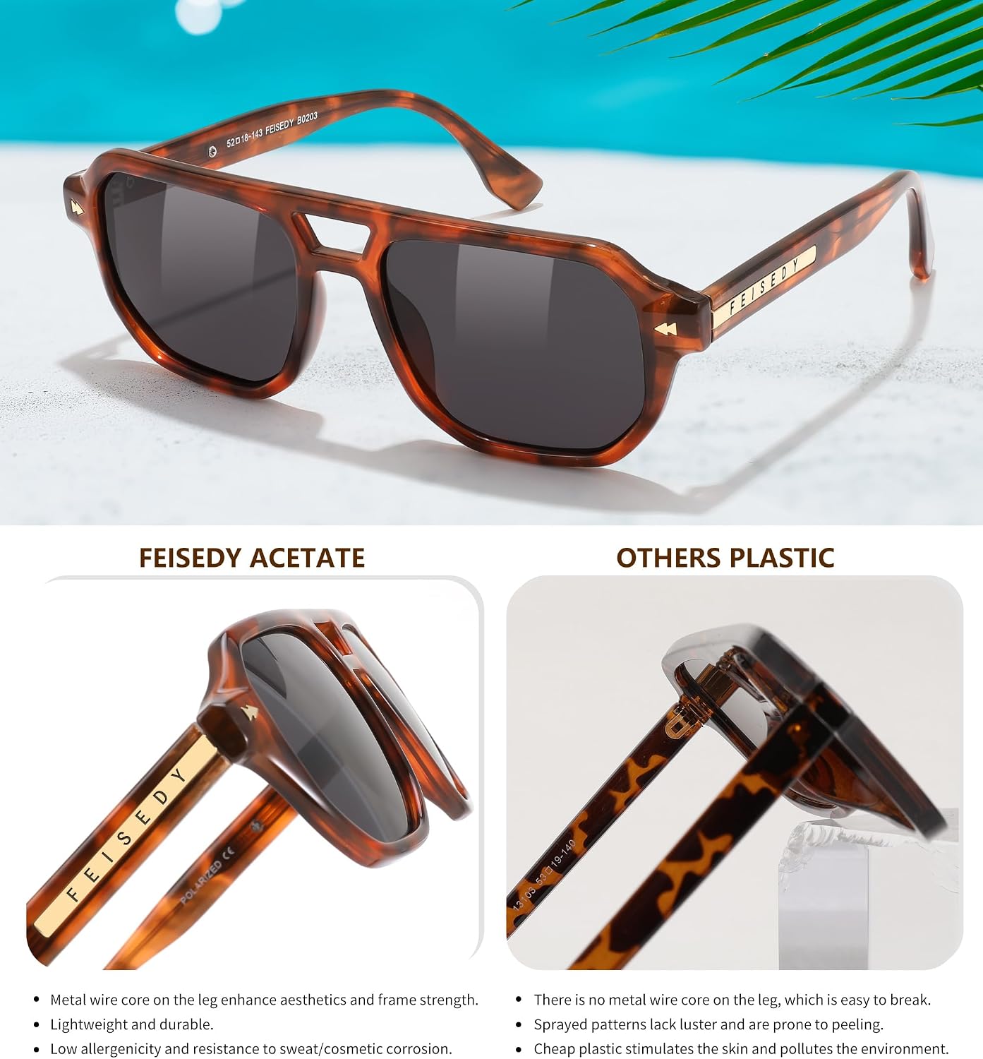 商品图片 29 | B0DSH2BVX5 | FEISEDY Polarized Aviator Sunglasses Men Women, Retro 70s Style Design - UV400 Protection, Driving & Daily Wear B0203