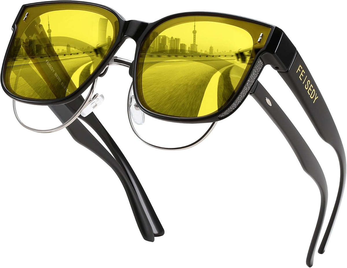Yellow Lens - Black Frame / 64 Millimeters | B0DPFQWLXT | FEISEDY Sunglasses That Fit Over Glasses for Women Men UV400 B0269