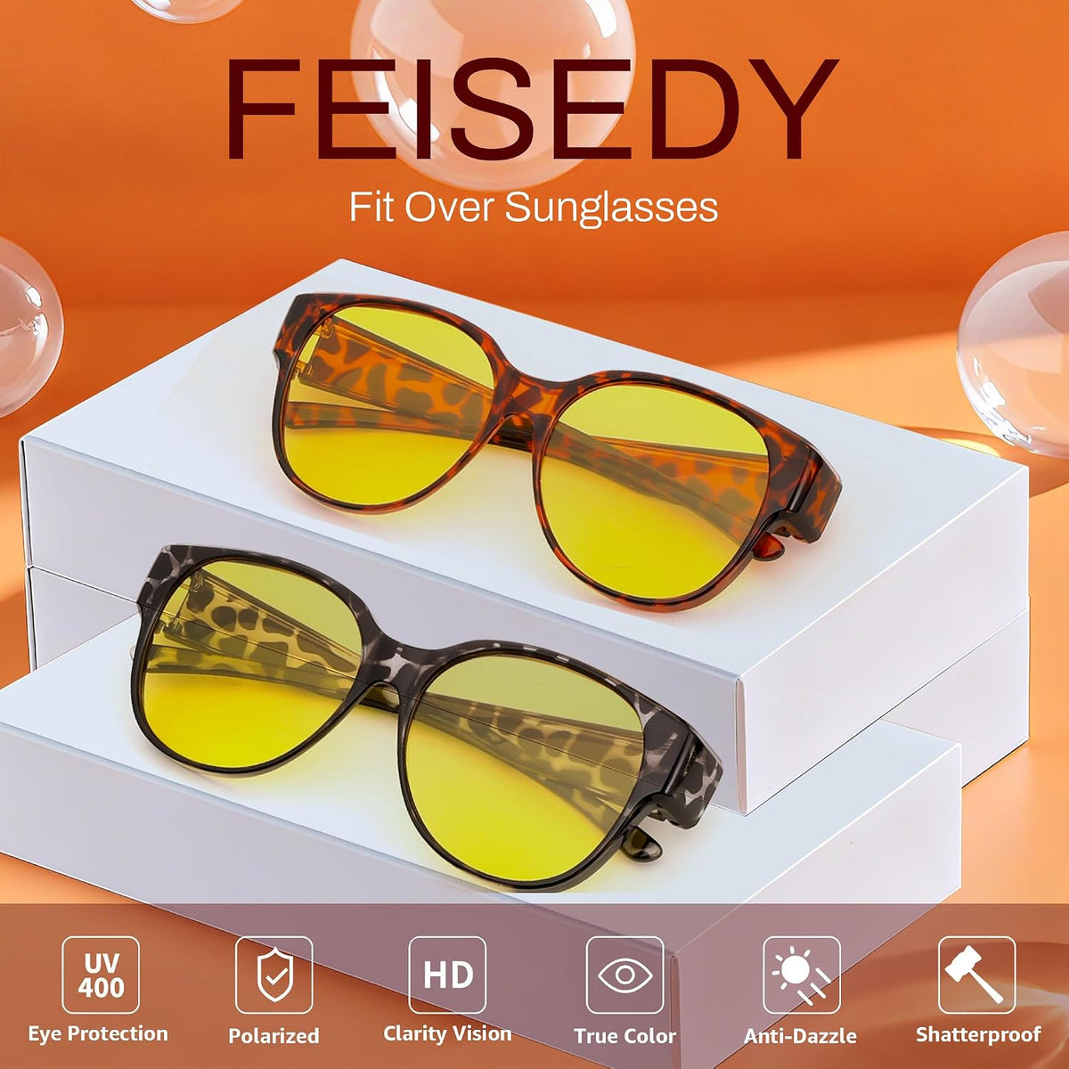 ÉÌƷͼƬ 12 | B0FX4NQCGM | FEISEDY 2Pack Night Driving Glasses Over Glasses with Yellow Lenses Fit Over Polarized Nighttime Sunglasses B0331