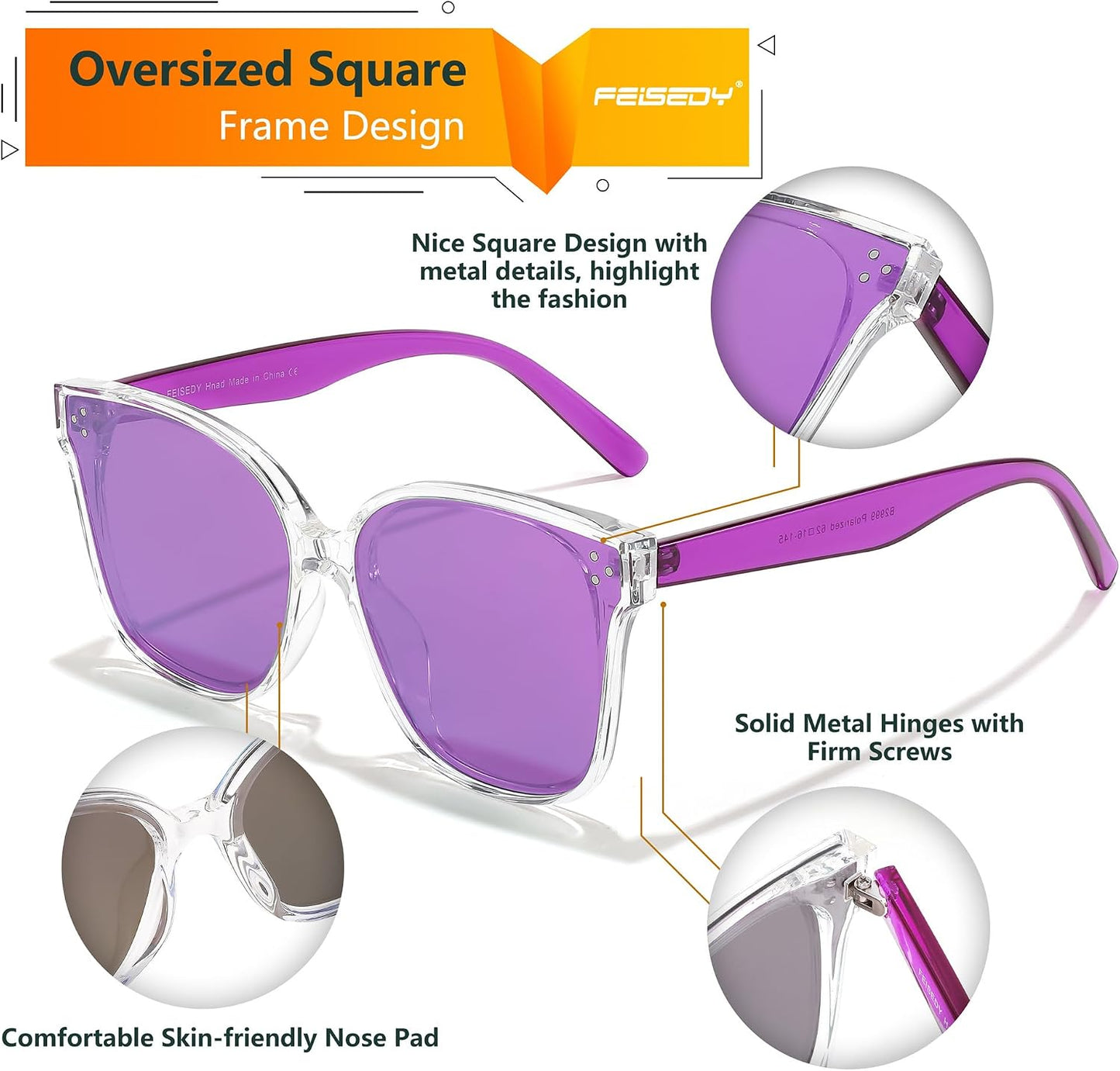 商品图片 86 | B0871BKMTN | FEISEDY Oversized Polarized Sunglasses - UV400 Protection, Square Fashion Sun Glasses for Outdoor & Daily B2600