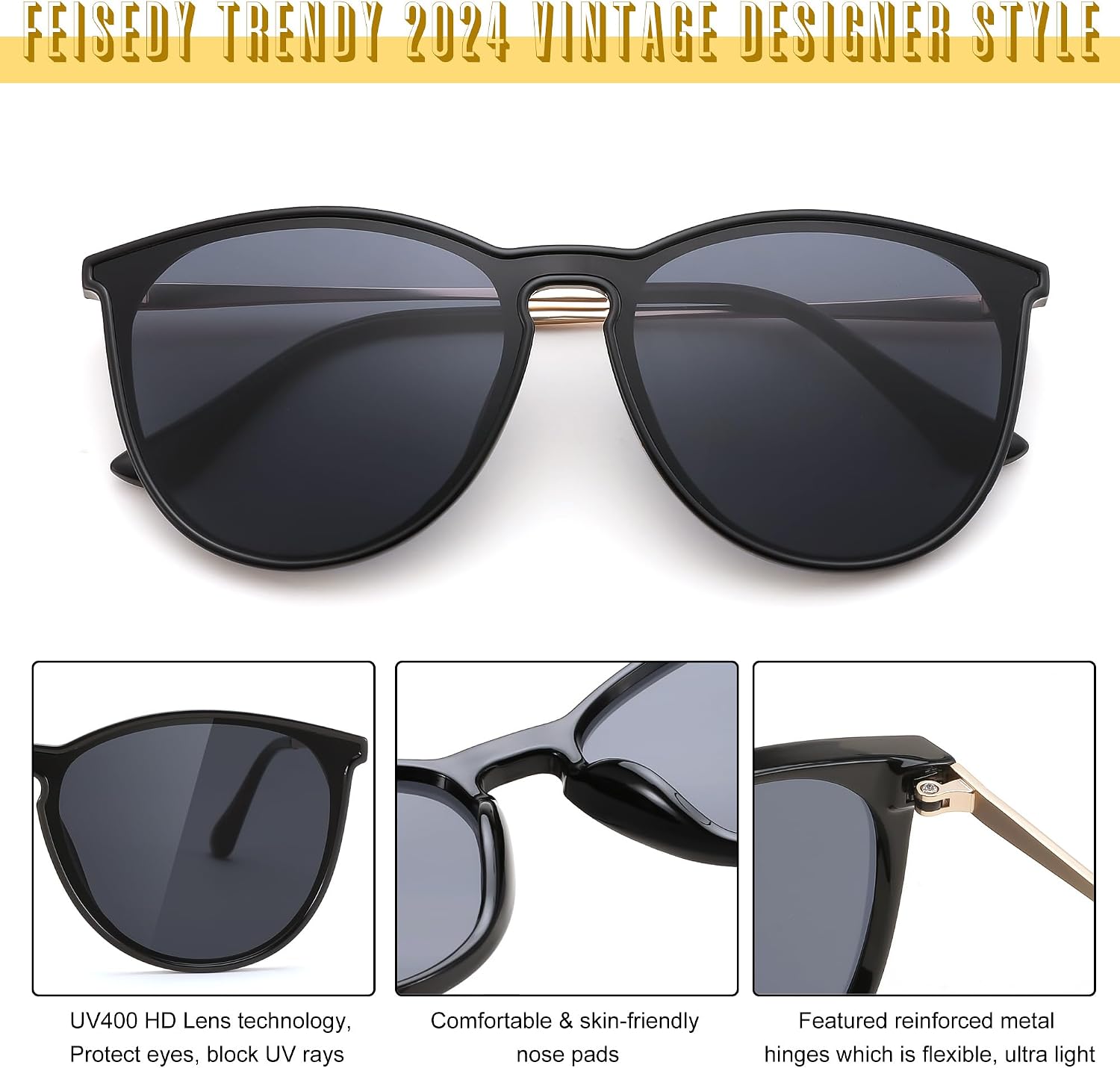 商品图片 4 | B0DGCPG41T | FEISEDY Sunglasses for Women Men Retro Round Cateye Designer Cute Mirrored UV Protection Lens B0210