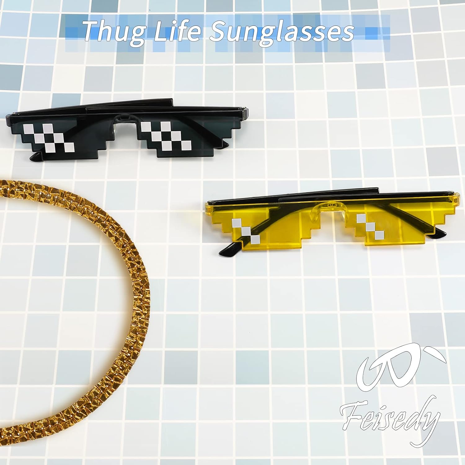 商品图片 20 | B09SCSCKL3 | FEISEDY 2PACK Thug Life Sunglasses Funny Pixelated Mosaic Gamer Glasses Party Disco Cool B2876-F2