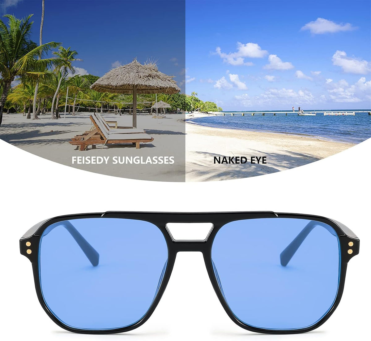 商品图片 100 | B0B3XKHTR1 | FEISEDY Retro Square Aviator Sunglasses Women Men 70s Vintage Trendy Plastic Frame Sun Glasses B2835