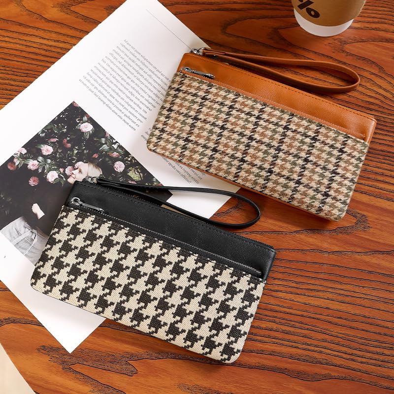 商品图片 3 | B0FX9CLZGR | Vintage Houndstooth Long Wallet for Women, Small Wallets Woman with Wrist Strap Womens Wallet for Phone Cards