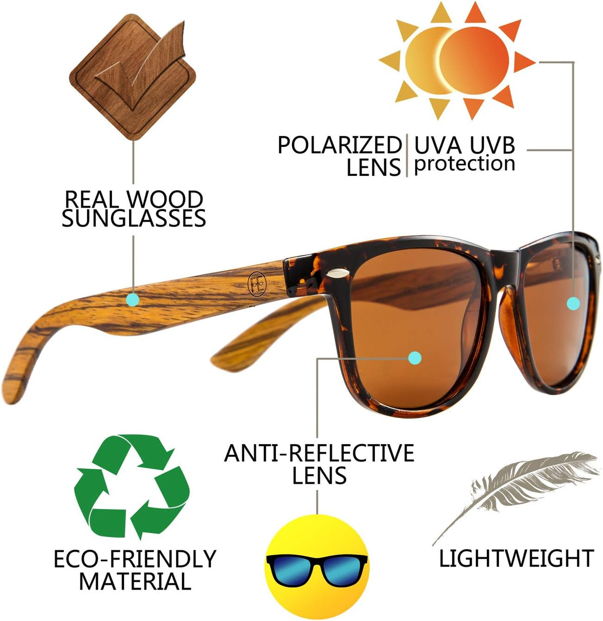 商品图片 16 | B07J2YHS4L | FEISEDY Polarized Wood Sunglasses Women Men HD UV400 Driving Fishing Golf Sunglasses B2448