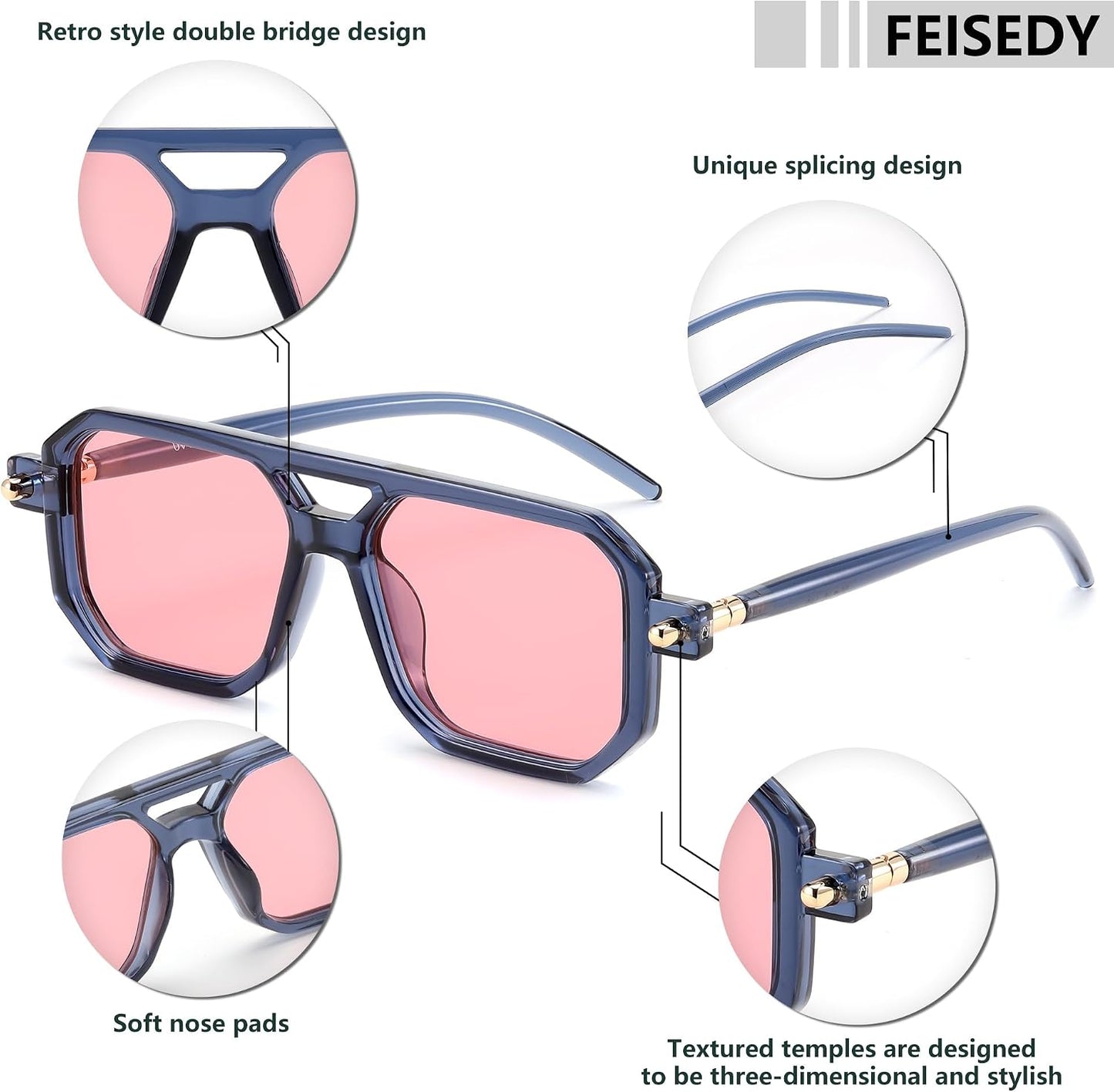 商品图片 10 | B09YTJ4FQZ | FEISEDY Vintage Square 70s Flat Aviator Sunglasses Women Men Classic Retro Stylish Frame UV400 Sunglasses B2622