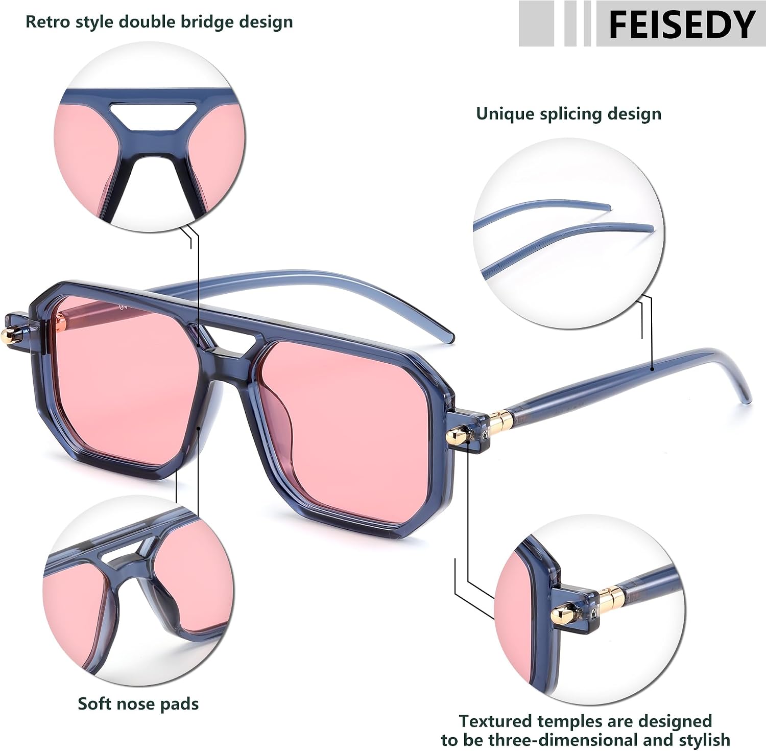 商品图片 10 | B09YTJ4FQZ | FEISEDY Vintage Square 70s Flat Aviator Sunglasses Women Men Classic Retro Stylish Frame UV400 Sunglasses B2622