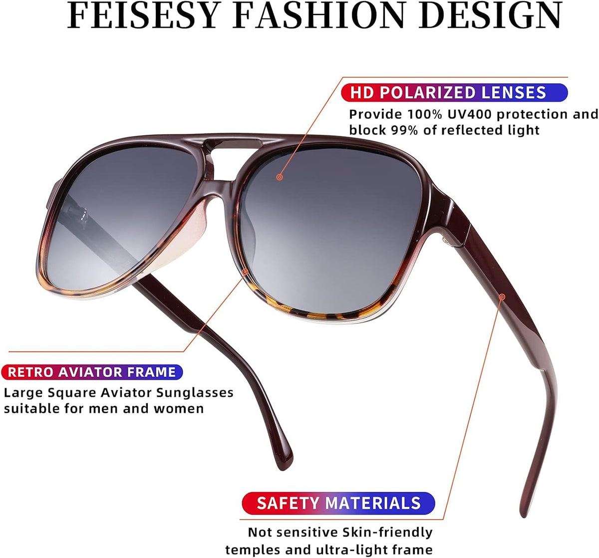 ÉÌƷͼƬ 104 | B0CB543WBD | FEISEDY Vintage Retro 70s Plastic Aviator Sunglasses Women Men Classic Large Squared Frame B2751