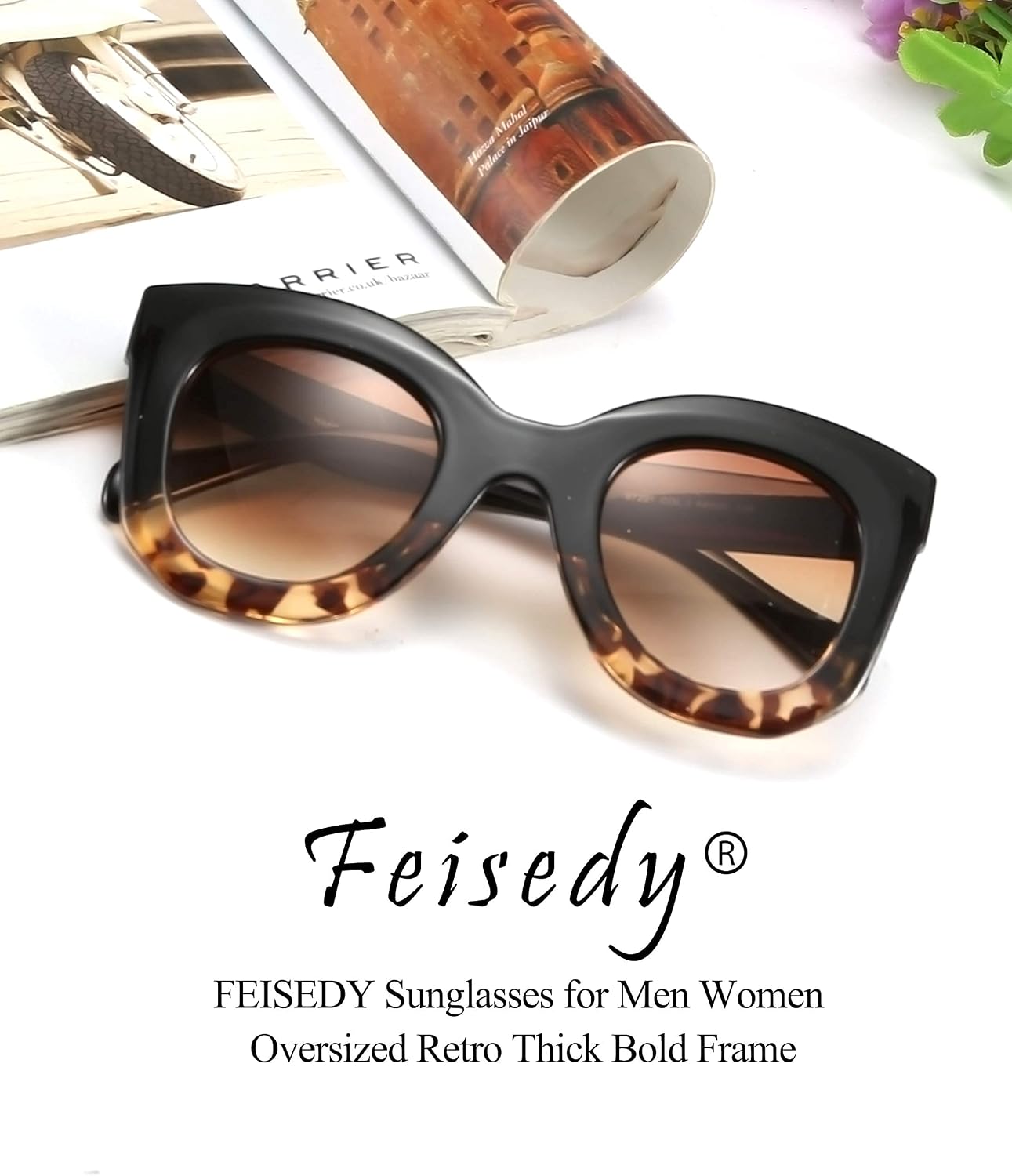 商品图片 18 | B083TZVTXV | FEISEDY Retro Oversized Square Horn Sunglasses Semi Cat Eye Butterfly Glass Big Thick Bold Frame B2572