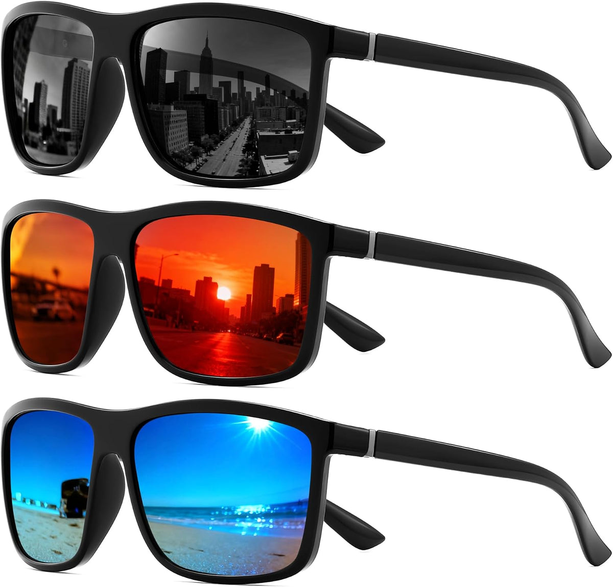 Black/Grey+black/Blue+black/Red / 55 Millimeters | B0FPM4BFR5 | FEISEDY Square Polarized Sunglasses For Men Women B0322