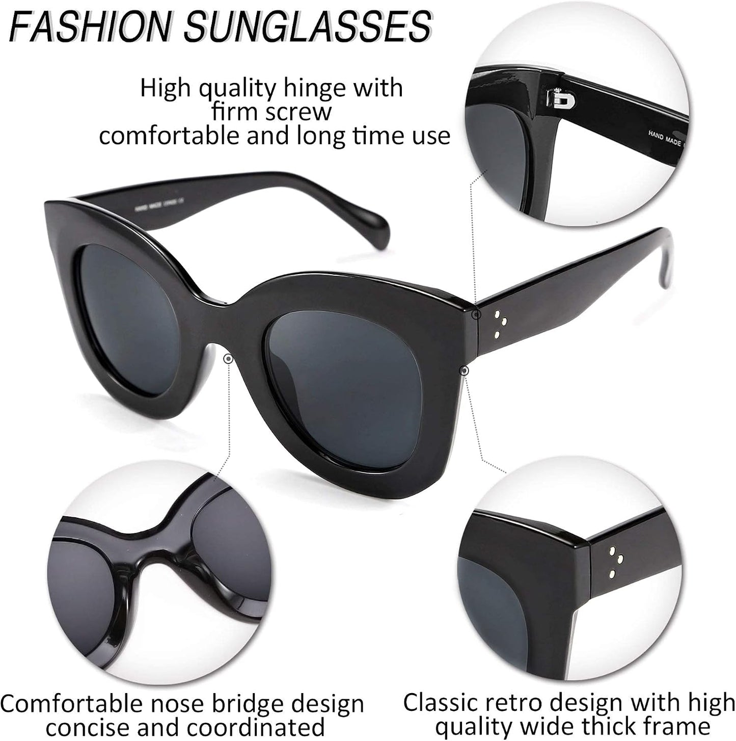 商品图片 5 | B083TZVTXV | FEISEDY Retro Oversized Square Horn Sunglasses Semi Cat Eye Butterfly Glass Big Thick Bold Frame B2572