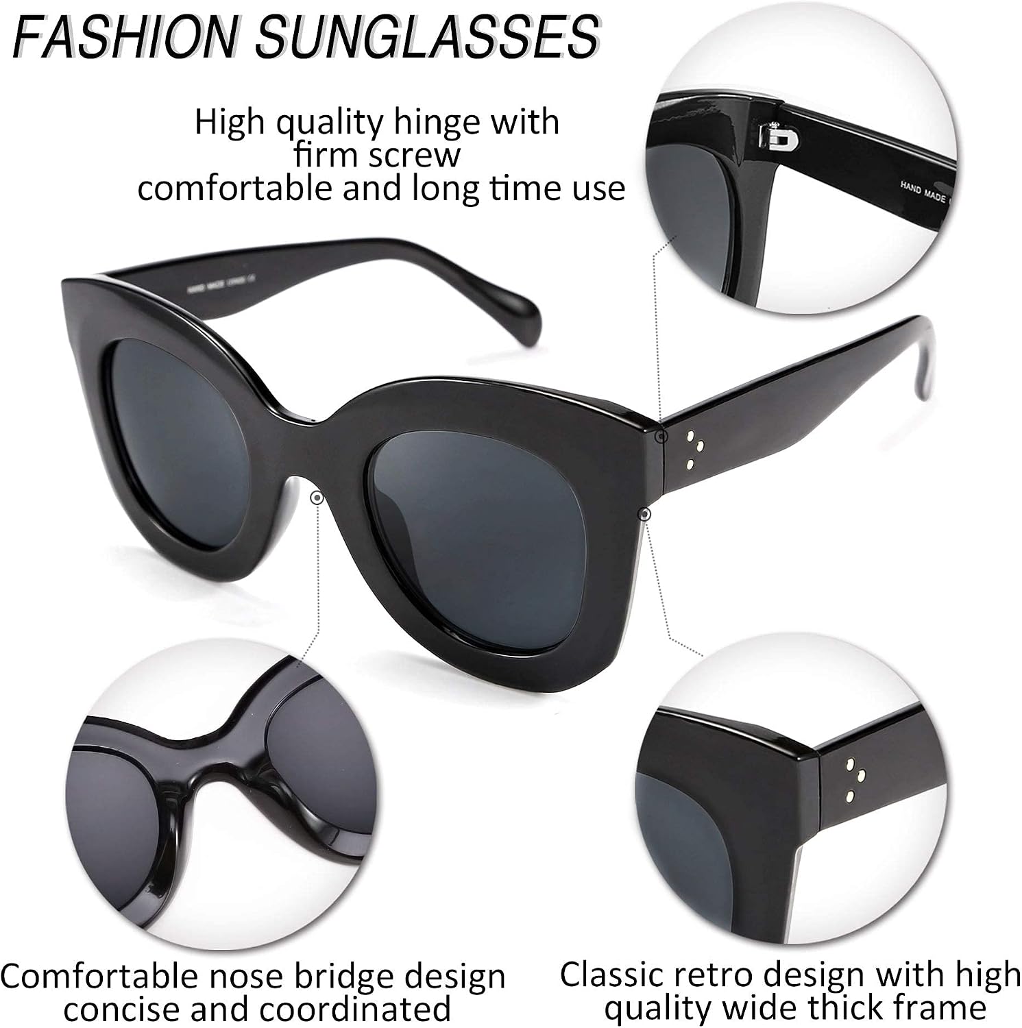 商品图片 5 | B083TZVTXV | FEISEDY Retro Oversized Square Horn Sunglasses Semi Cat Eye Butterfly Glass Big Thick Bold Frame B2572
