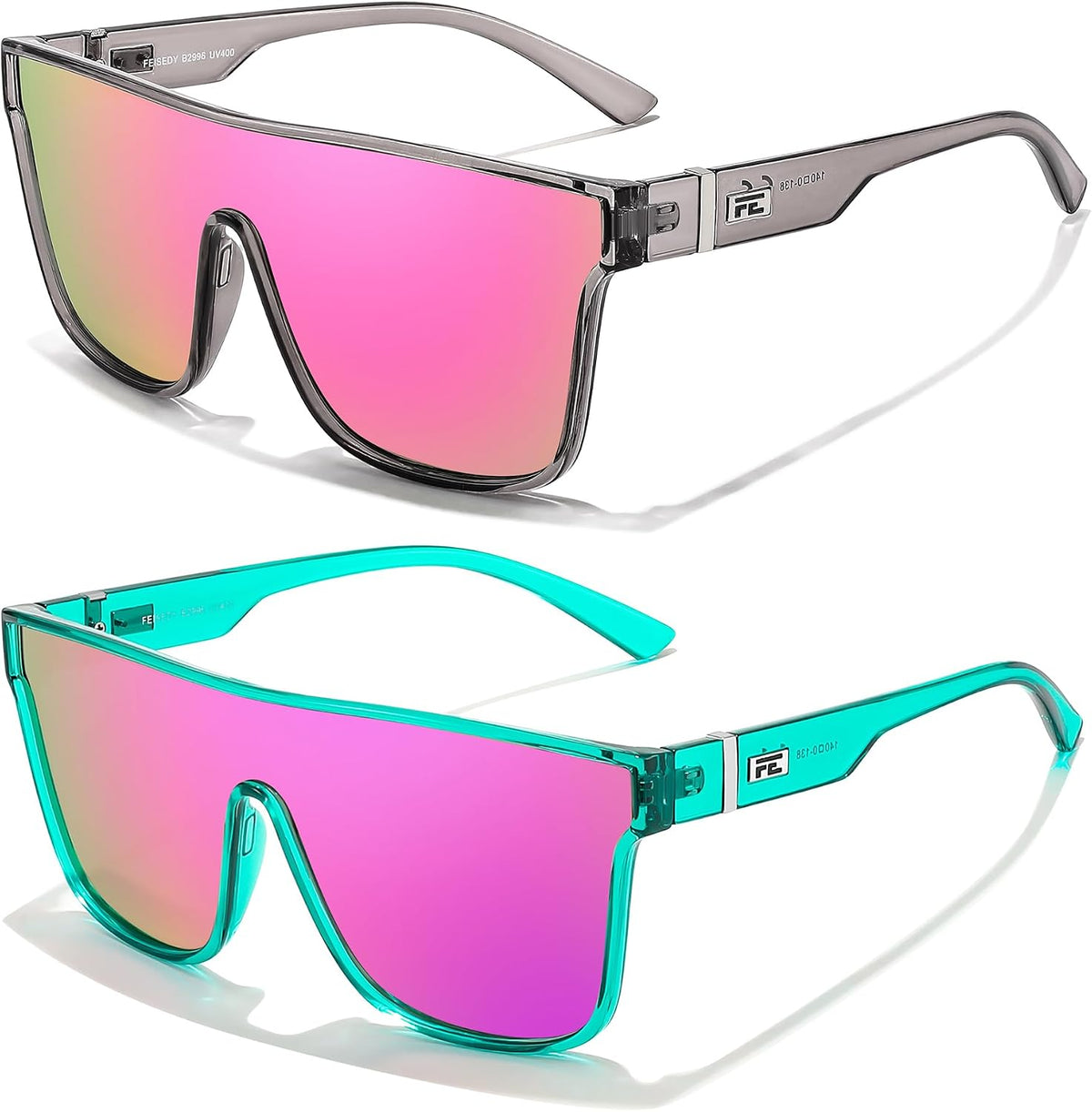 Z2pack(transparent Grey Frame & Pink Mirrored Lens+mint Green Frame & Purple Mirror Lens) / 62 Millimeters | B0F8BM1NVX | FEISEDY Sunglasses for Women Men, Fashion Mirrored Single Lens Shades