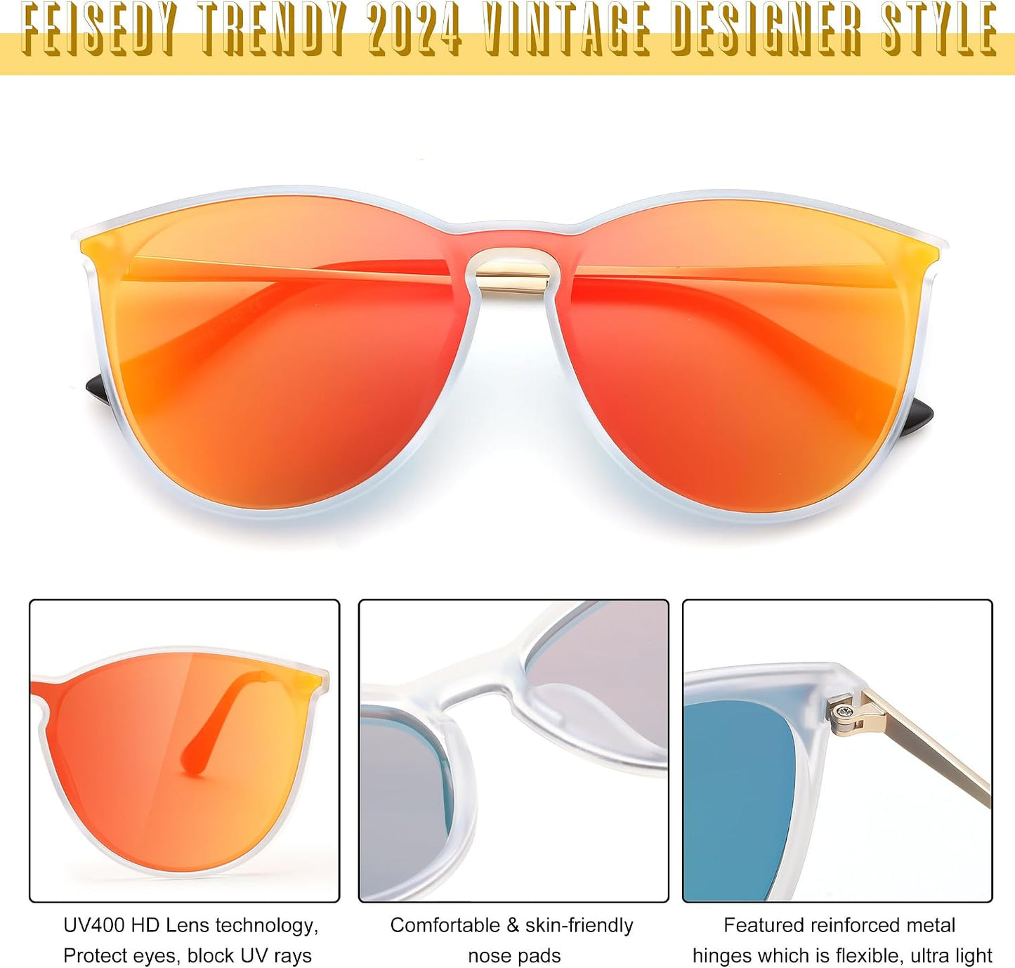 商品图片 21 | B0DGCPG41T | FEISEDY Sunglasses for Women Men Retro Round Cateye Designer Cute Mirrored UV Protection Lens B0210
