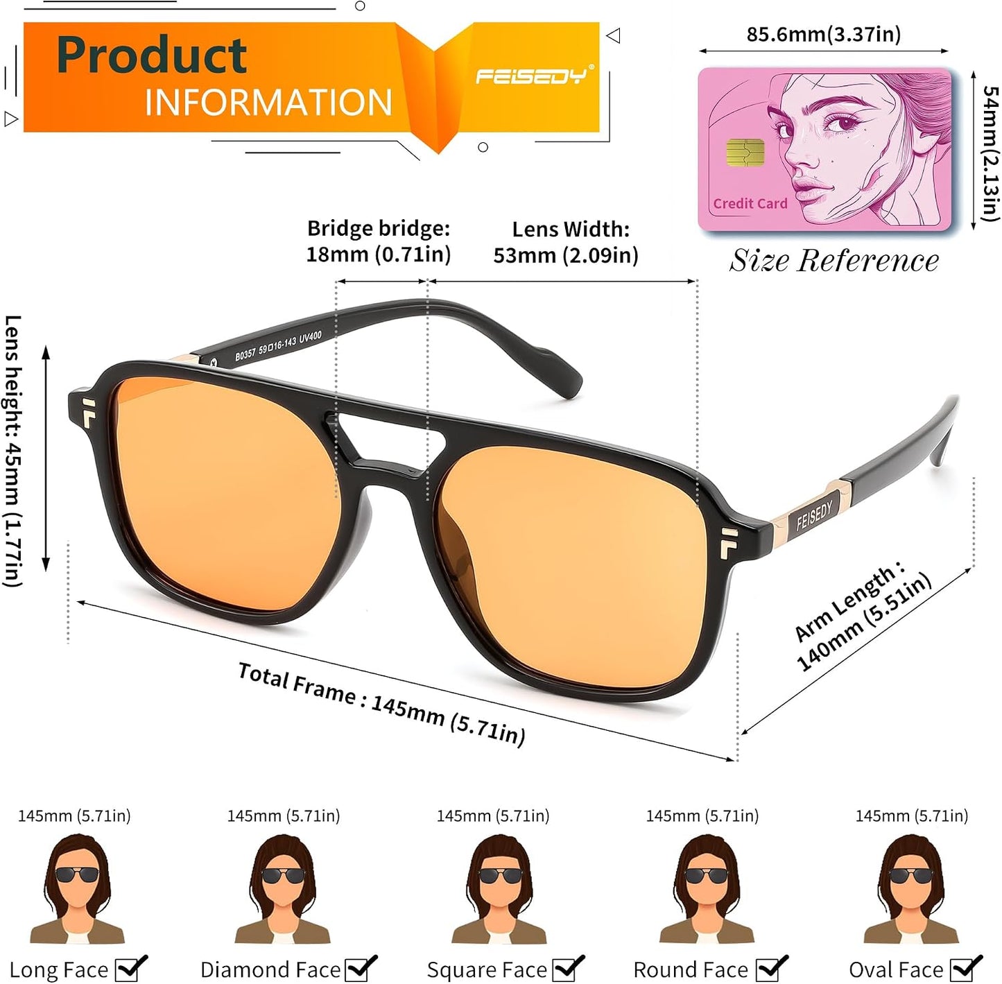 商品图片 55 | B0H2V9BFS5 | FEISEDY Retro Polarized Aviator Square Sunglasses for Women Men UV400 B0357